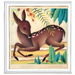 "Fawn", Art Deco Painting of Resting Deer, Brown, Green and Yellow, Ohio Artist