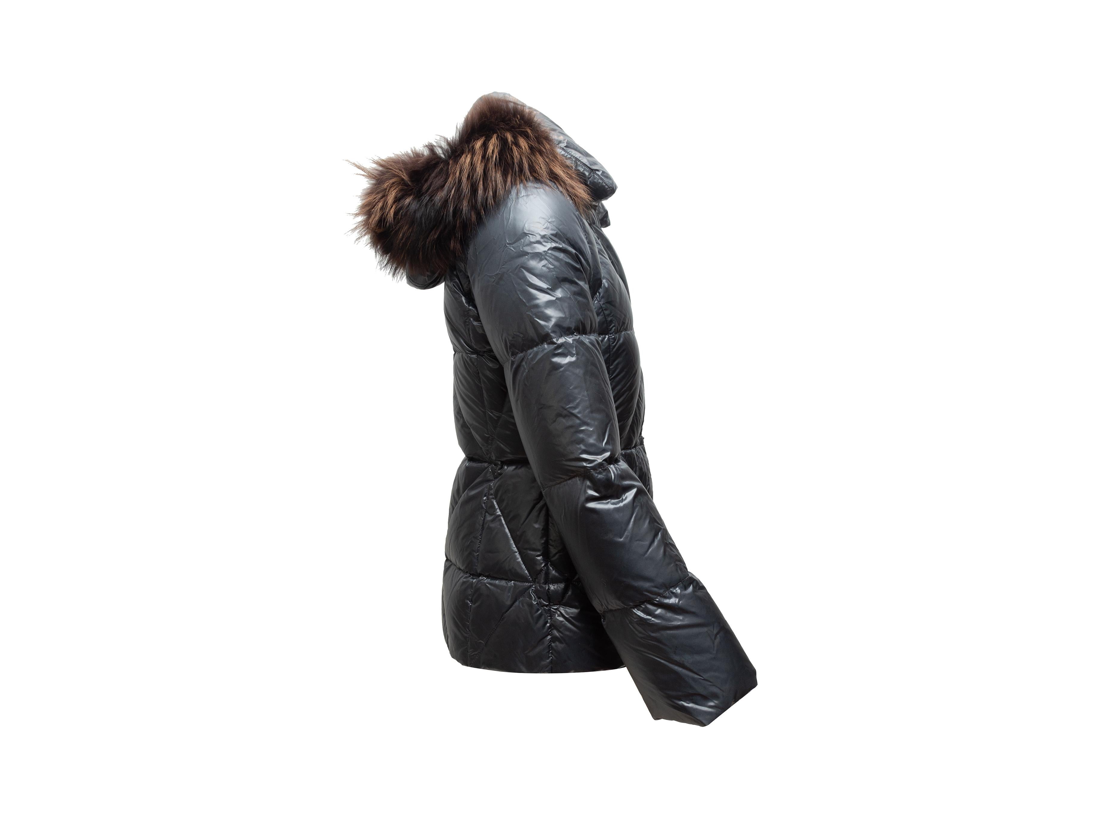 Product details: Grey down puffer jacket by Fay. Fur-trimmed hood. Dual hip pockets. Closures at center front. 35