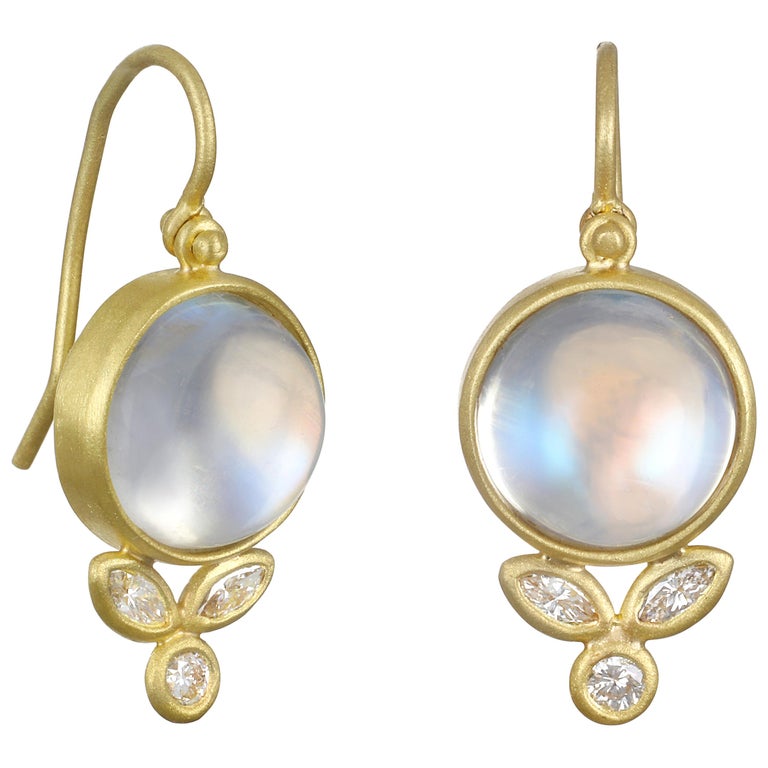 Faye Kim 18 Karat Gold Diamond and Ceylon Blue Moonstone Drop Earrings For Sale