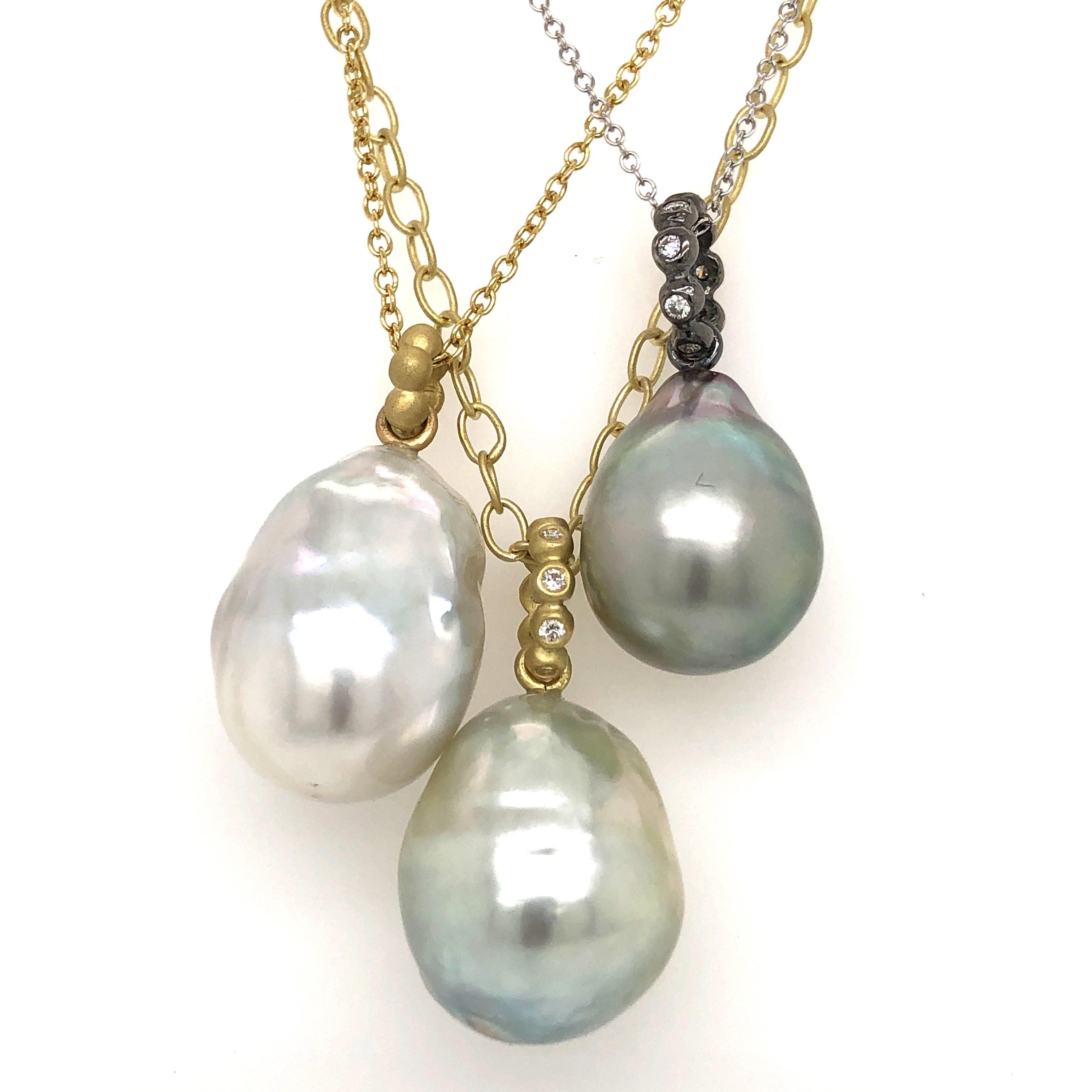 Faye Kim 18 Karat Gold Diamond Pistachio Tahitian Baroque Pearl Pendant on Chain For Sale 2