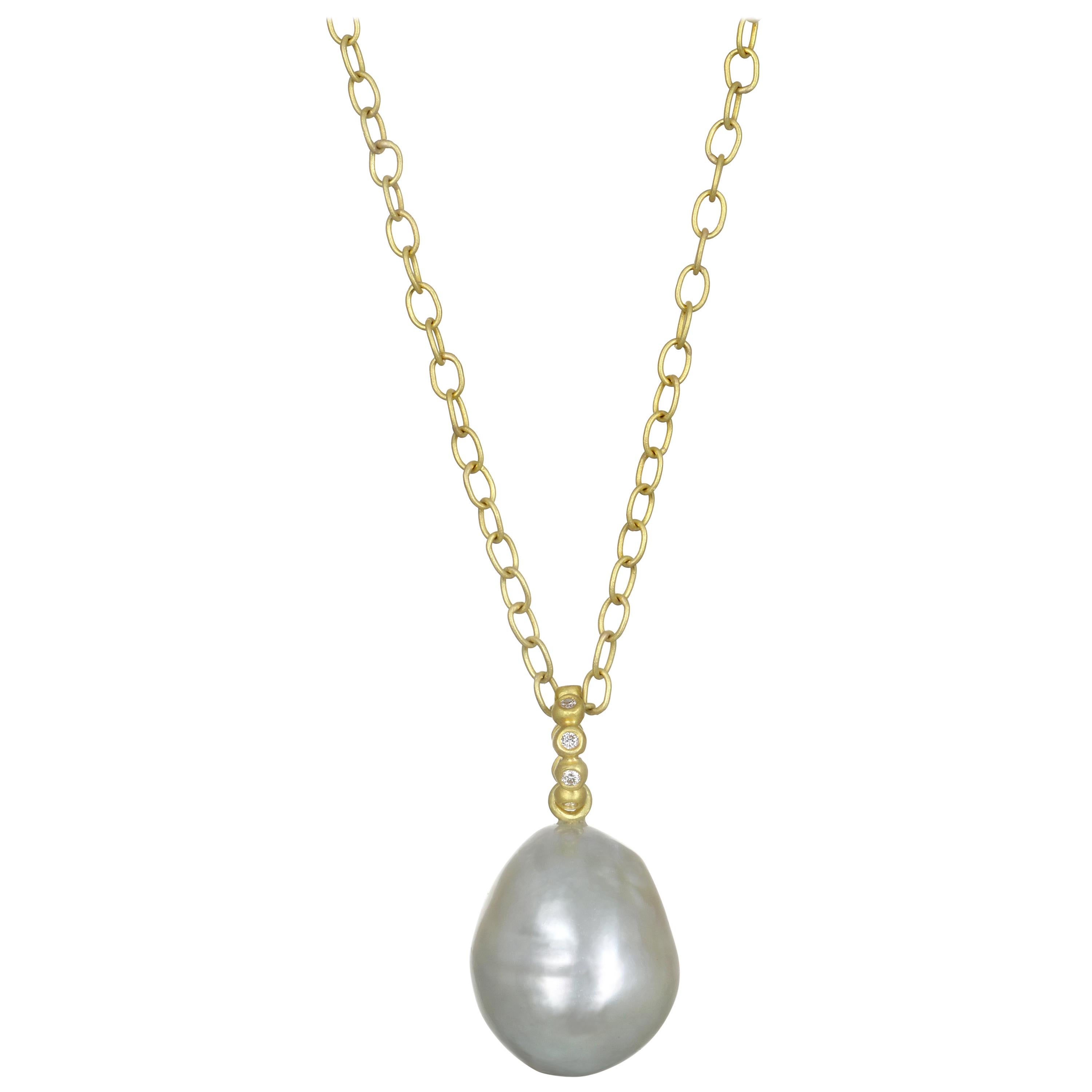 Faye Kim 18 Karat Gold Diamond Pistachio Tahitian Baroque Pearl Pendant on Chain