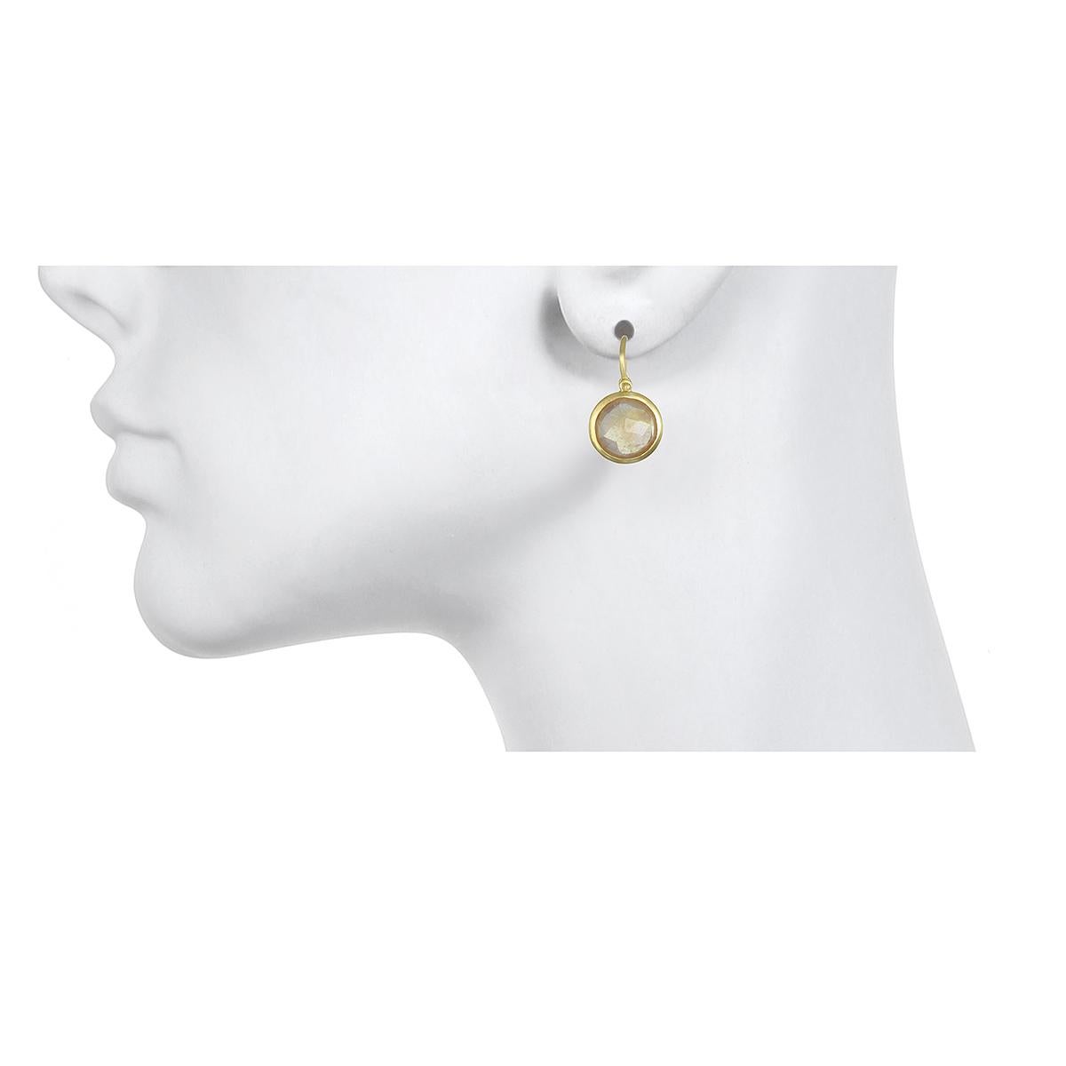 Simple, elegant, and beautiful!  Handcrafted in 18K gold*, these rose-cut sapphire round-shaped slices are bezel set and hinged for movement. The sparkle and warm inviting color make these special earrings understated and easy to wear - these will