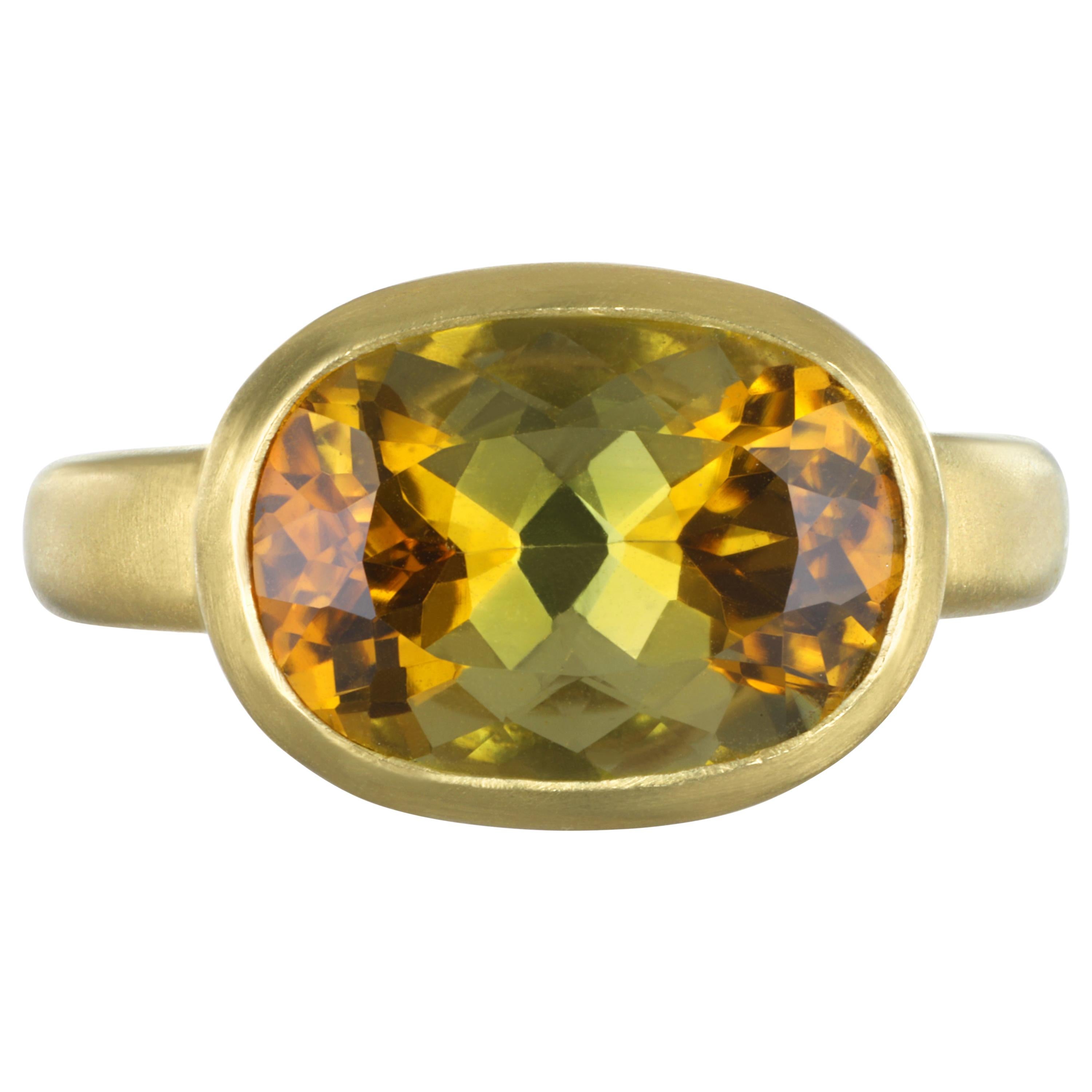 Faye Kim 18 Karat Gold 5.54 Carat Yellow-Olive Cushion Cut Tourmaline Ring