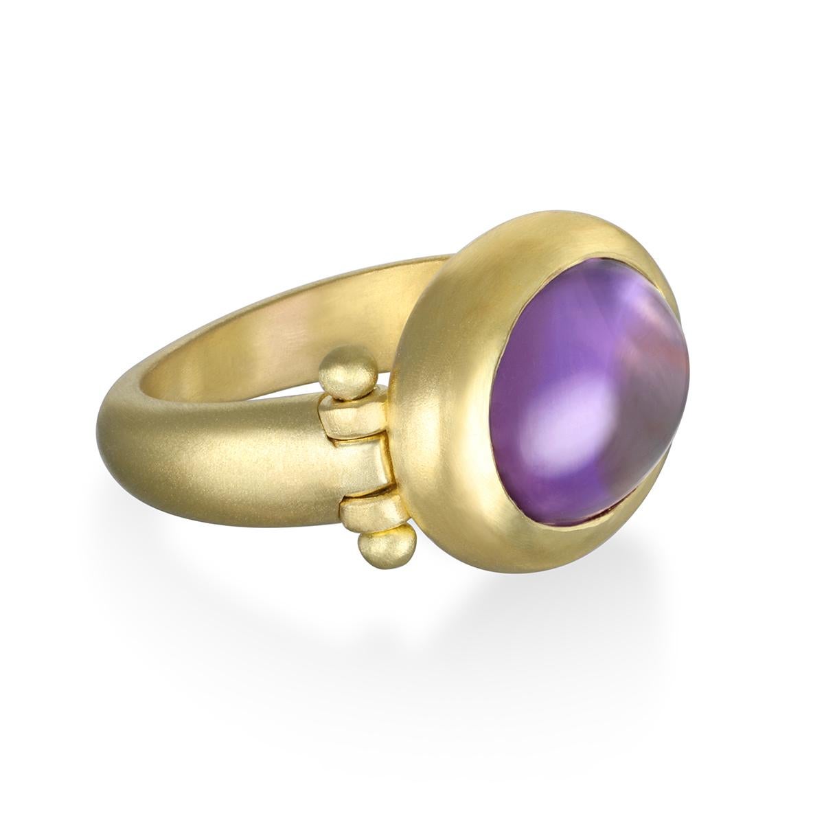 Faye Kim's 18 Karat Gold Amethyst Hinged Ring, with its oversize stone, vibrant purple hue and half round shank, is beautifully bezel set and matte finished. The ring can be worn for any occasion.

Amethyst 7.5 Carats
Bezel Length x Width 19.5mm x