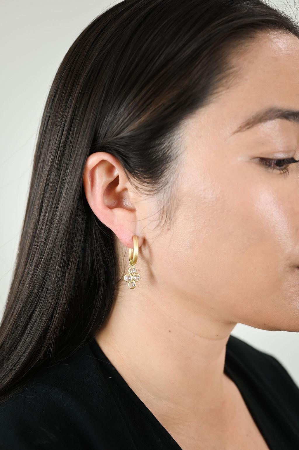 Faye Kim's 18 Karat Gold Hinged Burnished Diamond Hoops with Detachable White Diamond Drops - The hoops can be worn separately or reversed to show just the gold side. The drops can be attached to many of Faye's other hoops, allowing for mixing and