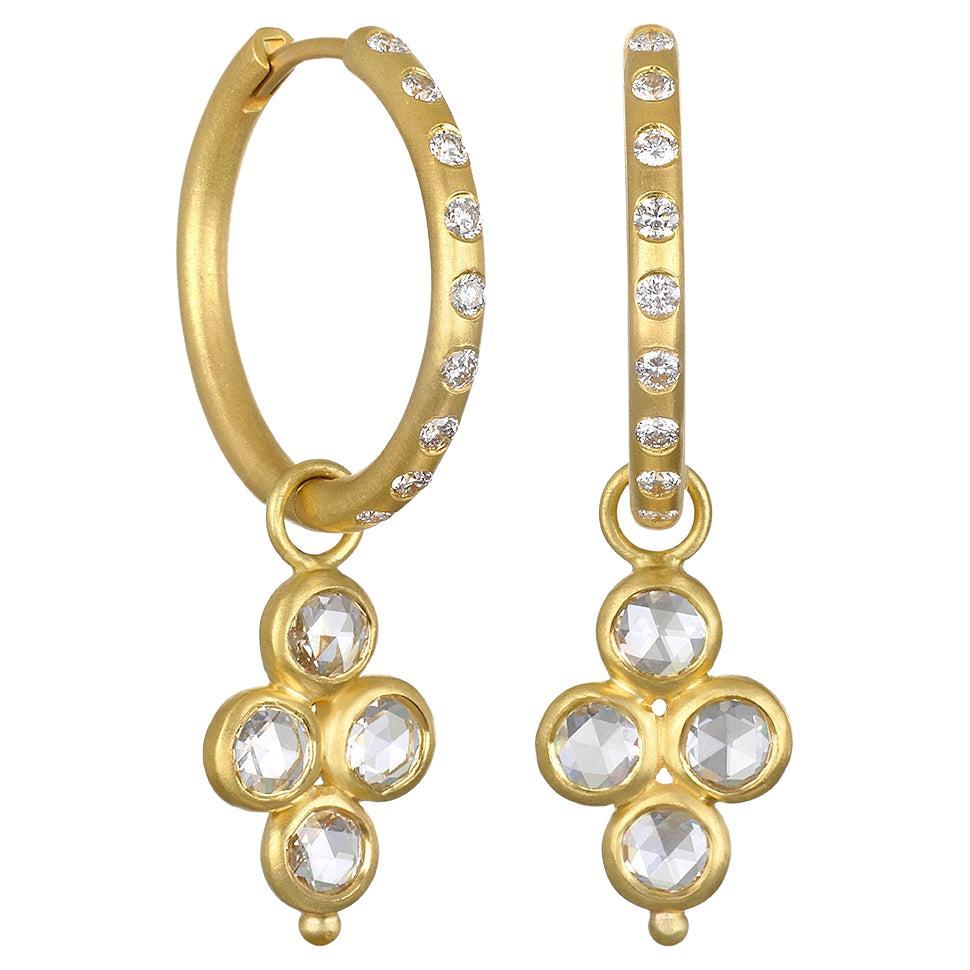 Faye Kim 18 Karat Gold and Burnished Diamond Hoops with White Diamond Drops For Sale