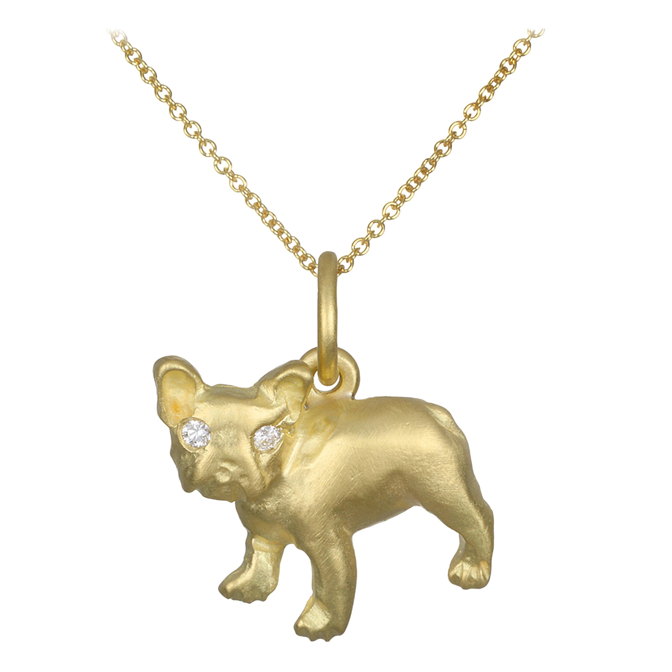 Französische Bulldogge-Anhänger-Halskette, 18 Karat Gold und Diamanten, Faye Kim