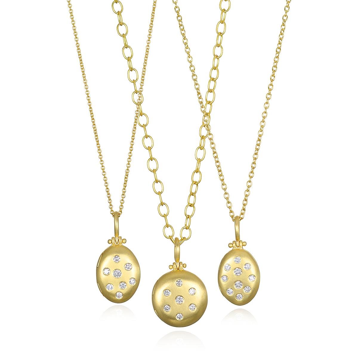 Faye Kim's 18 Karat Gold and Diamond Small Round Locket combines substance with style, and offers just the right amount of sparkle. Finely handcrafted and matte-finished, this locket can be personalized with an engraving, and layered with other