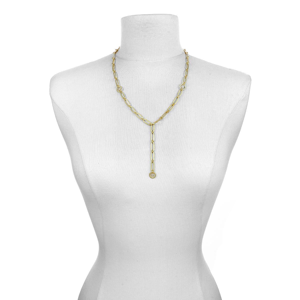 Faye Kim 18 Karat Gold and Diamond Wheel Paperclip Lariat Necklace

Experience everyday luxury in Faye Kim's handcrafted 18k gold and diamond Paperclip necklace. This iconic chain is given a modern twist in a lariat style with diamond pinwheels and