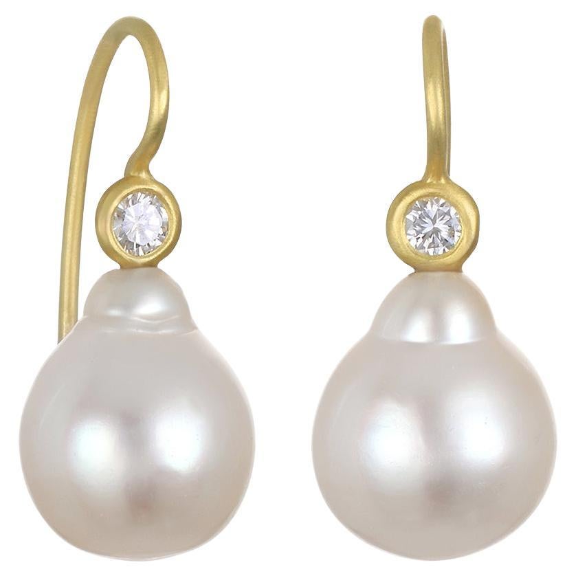 Faye Kim 18 Karat Gold and Diamond White South Sea Pearl Drop Earrings For Sale