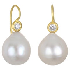 Faye Kim 18 Karat Gold and Diamond White South Sea Pearl Drop Earrings