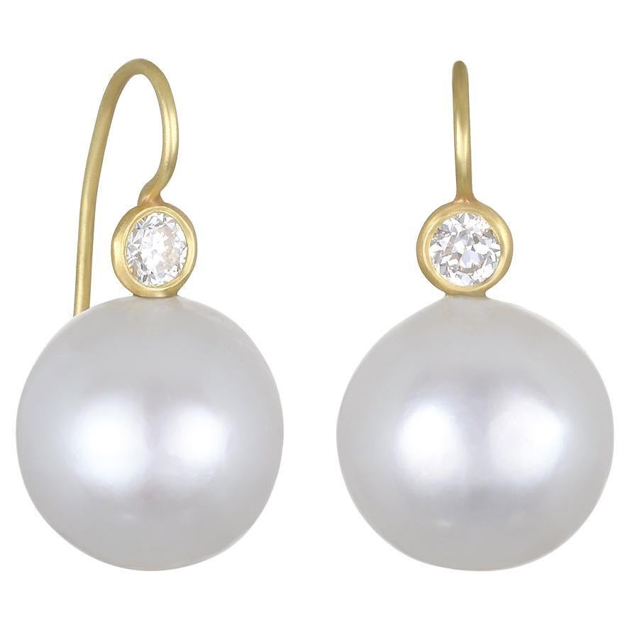 Faye Kim 18 Karat Gold and Diamond White South Sea Pearl Drop Earrings