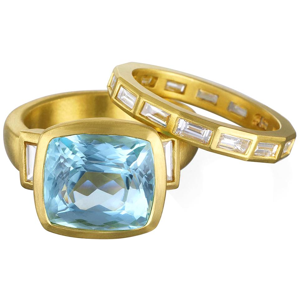 Faye Kim 18 Karat Gold Aquamarine and Diamond Three-Stone Ring