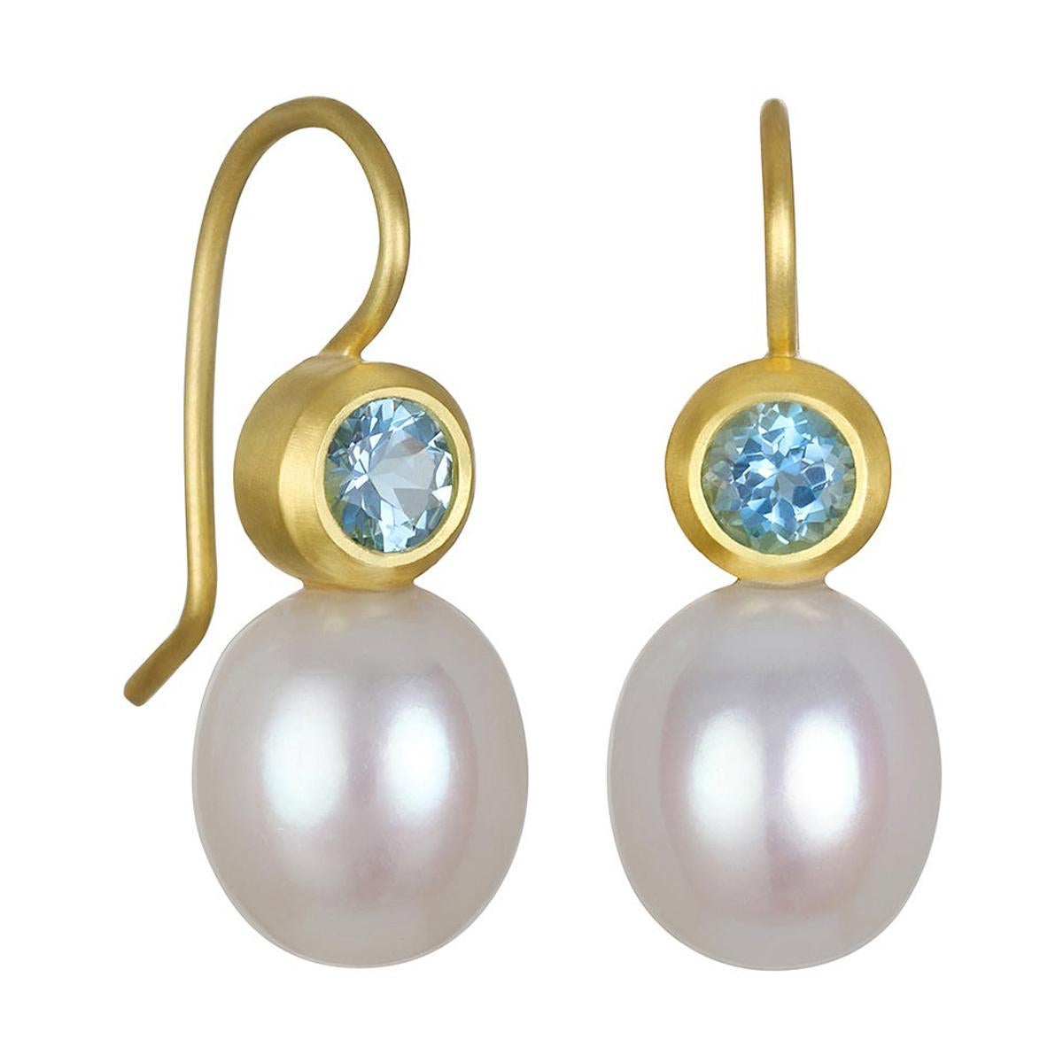 Faye Kim 18 Karat Gold Aquamarine and Pearl Earrings For Sale