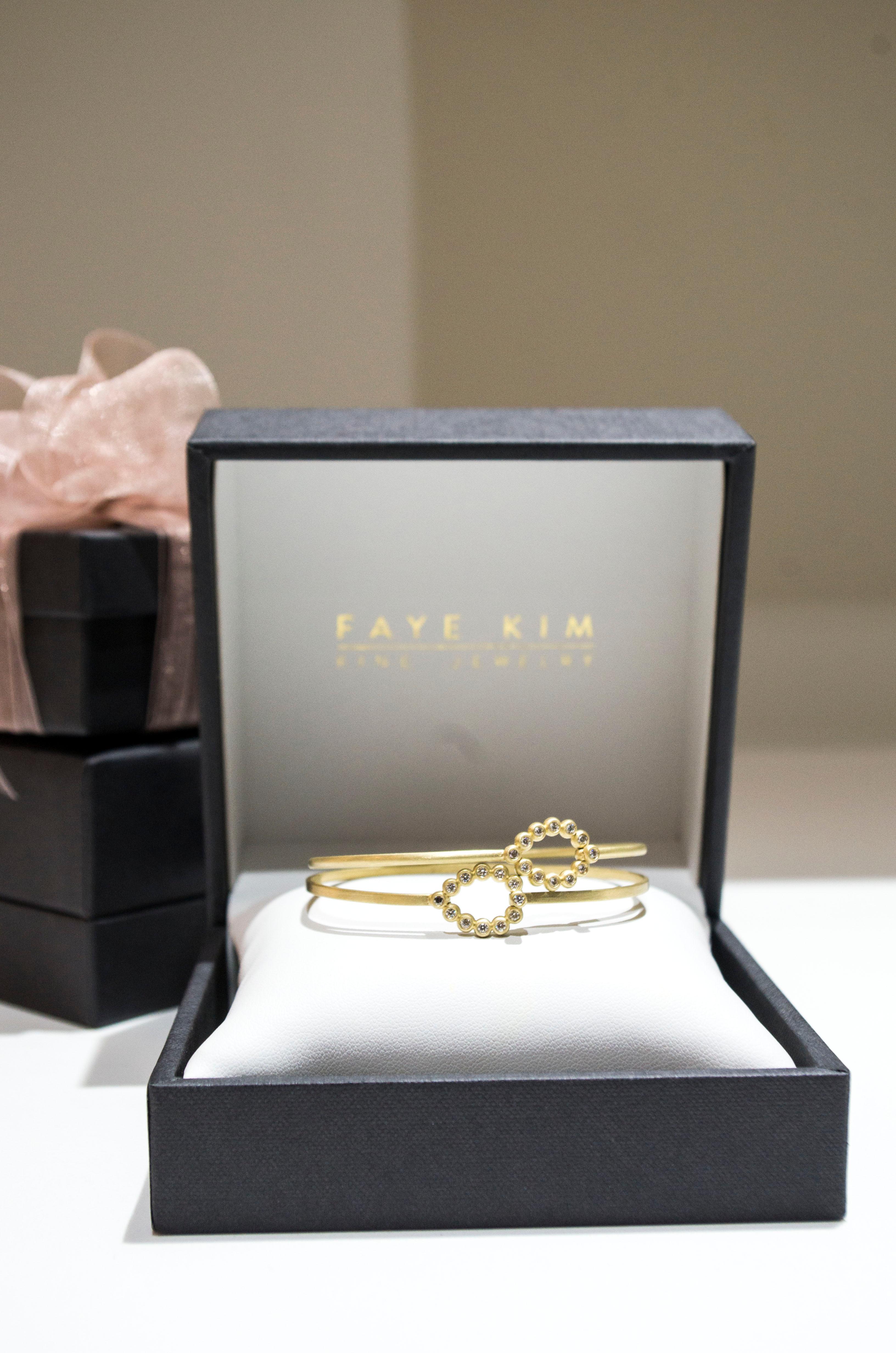 Round Cut Faye Kim 18 Karat Gold Bangle Bracelet with Diamond Tear Drop Closure For Sale