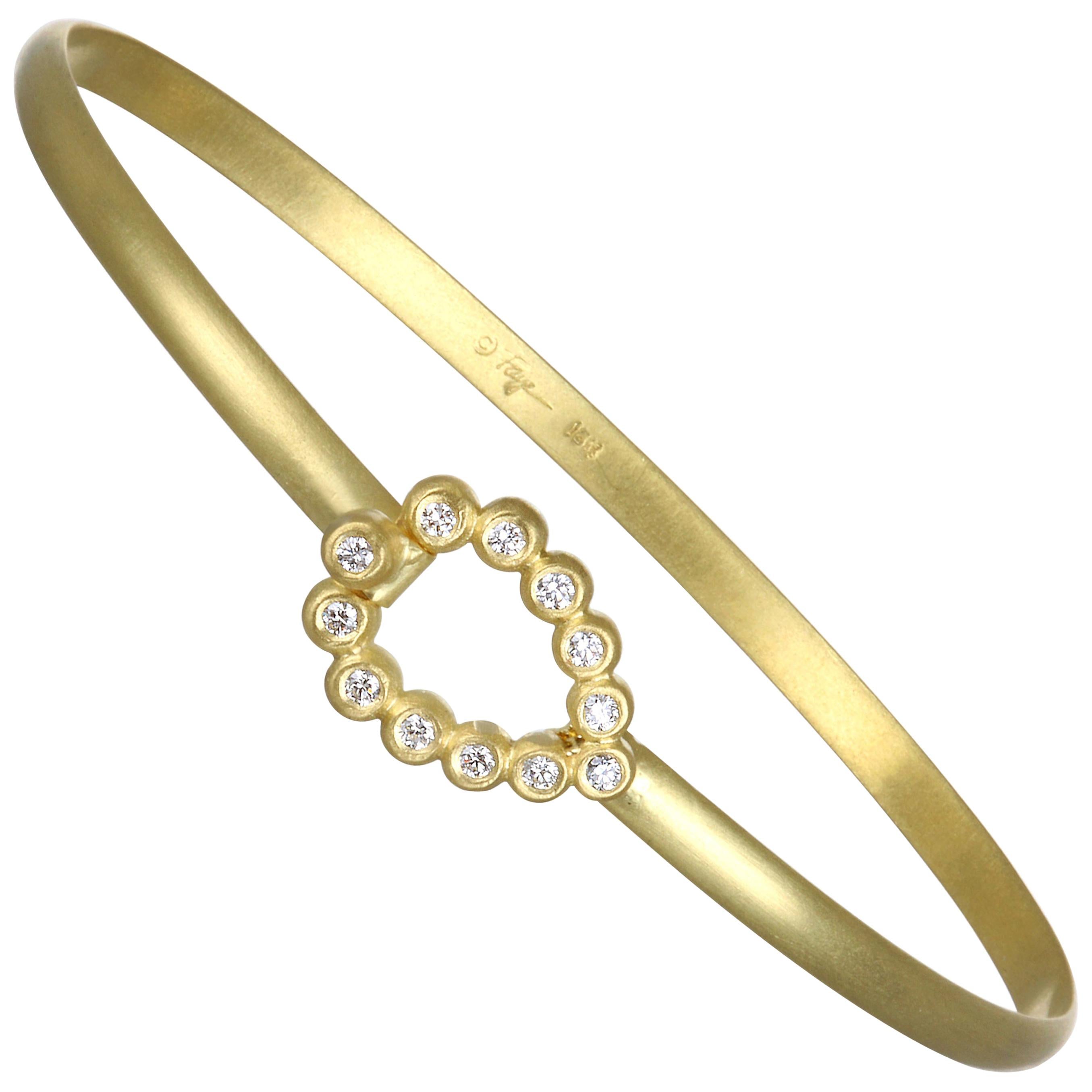 Faye Kim 18 Karat Gold Bangle Bracelet with Diamond Tear Drop Closure For Sale
