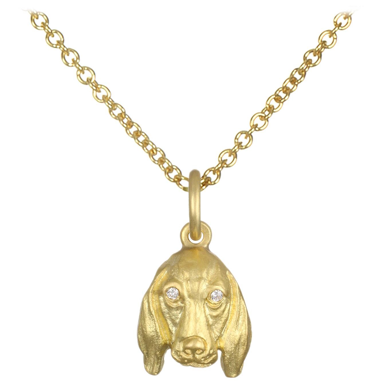 Faye Kim 18 Karat Gold Basset Hound Dog Charm Necklace with Diamond Eyes