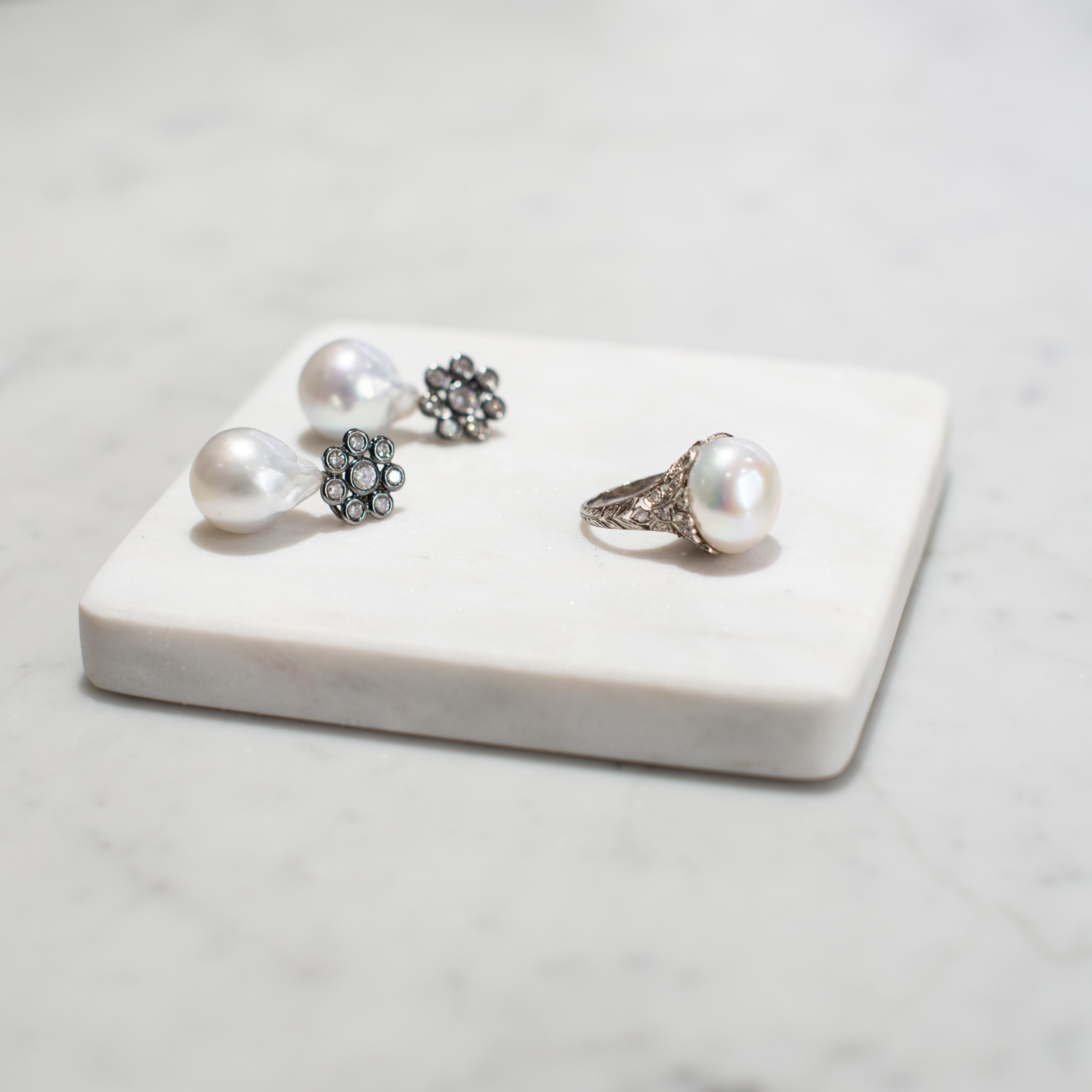 Contemporary Faye Kim 18 Karat Gold Black Rhodium Diamond Earrings with South Sea Pearl Drops