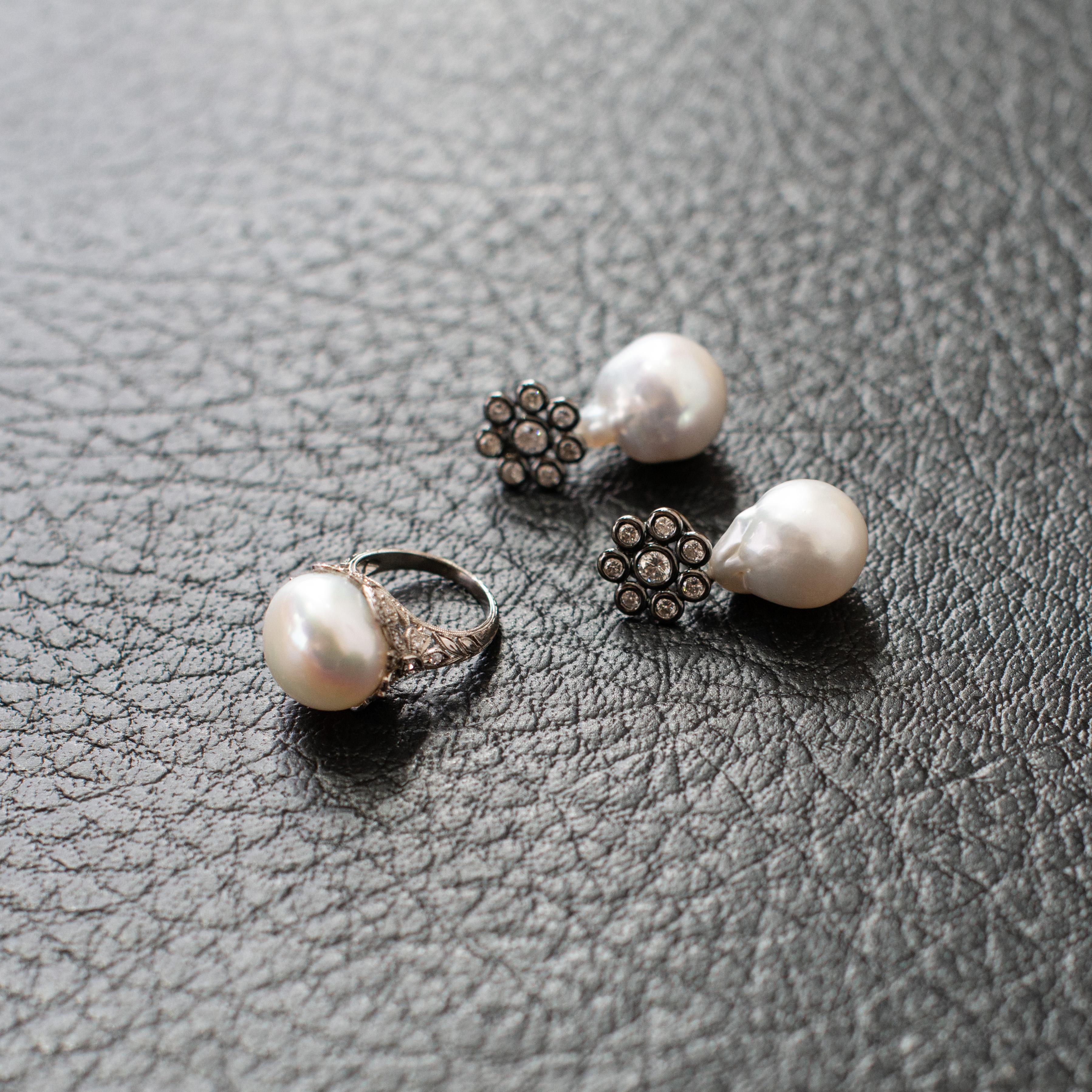 Round Cut Faye Kim 18 Karat Gold Black Rhodium Diamond Earrings with South Sea Pearl Drops