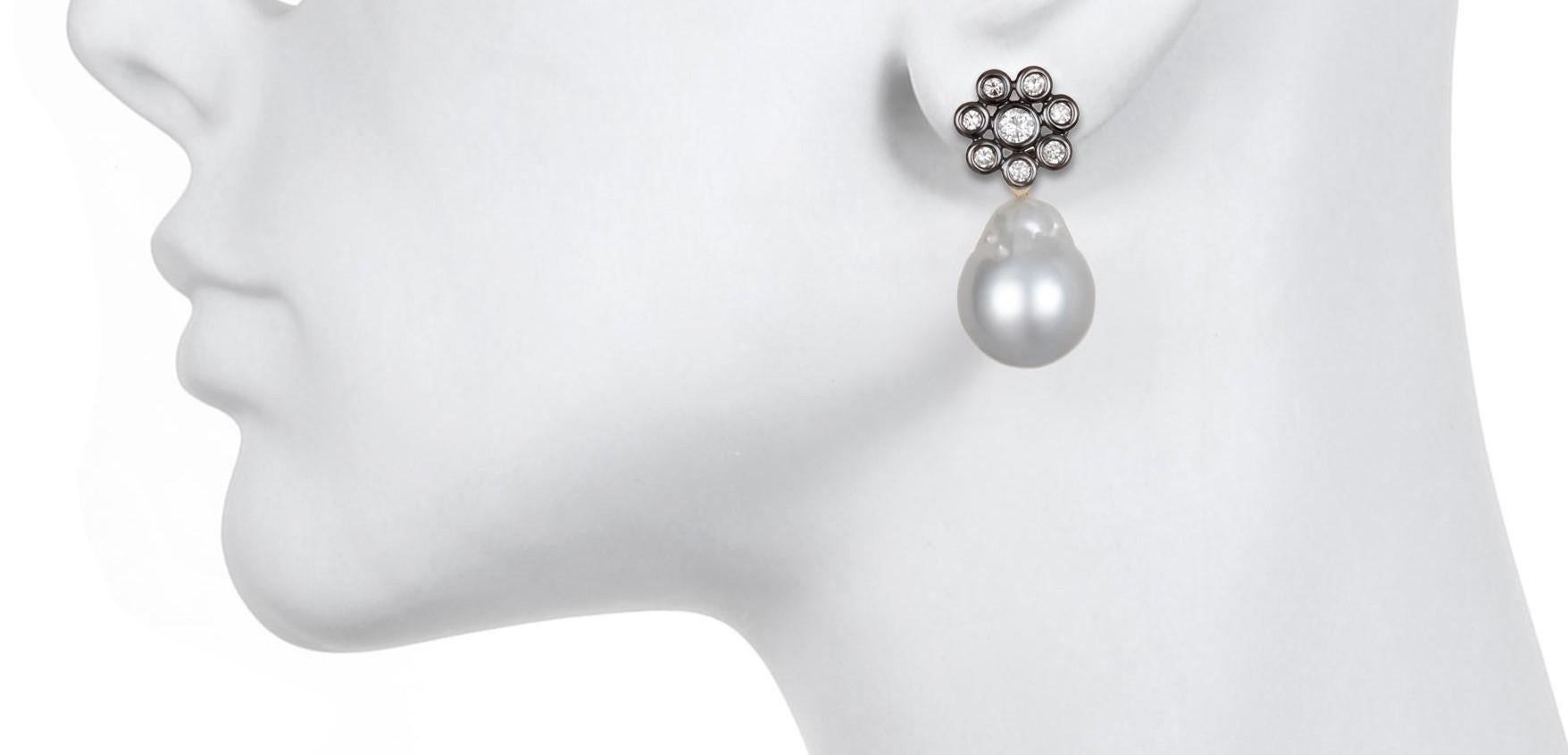 Faye Kim's white rose cut diamond earrings are handmade in 18k gold and finished with Black Rhodium. Wearable and versatile, these earrings can take you effortlessly from day into evening - shown with white south sea baroque pearl drops which are
