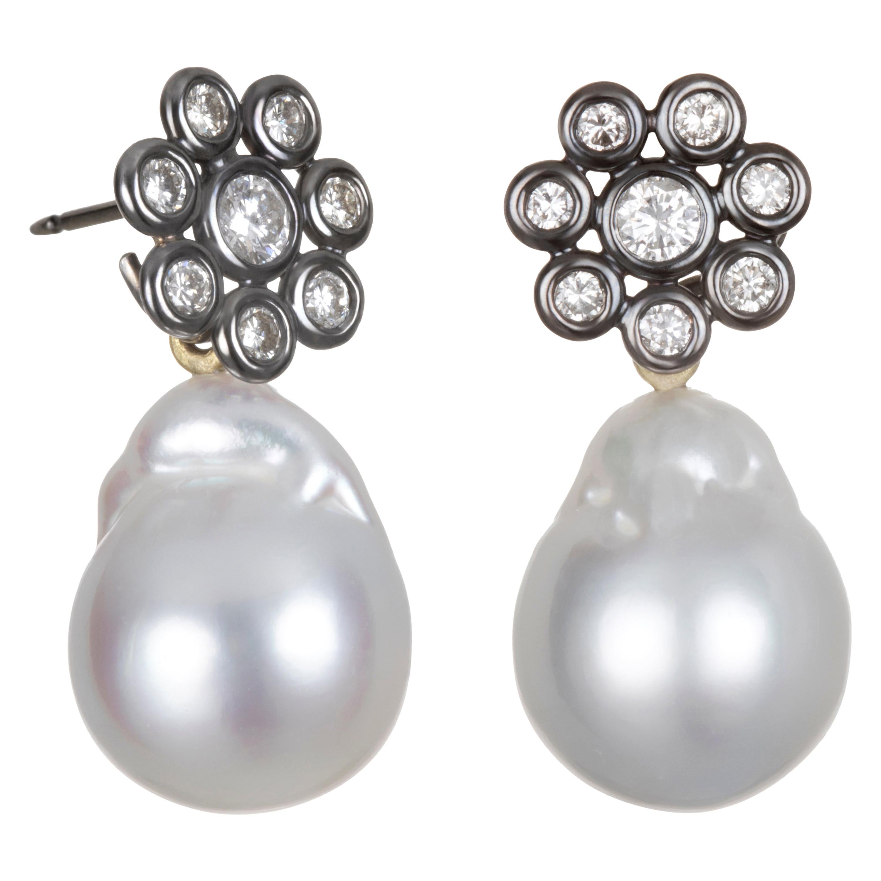 Faye Kim 18 Karat Gold Black Rhodium Diamond Earrings with South Sea Pearl Drops