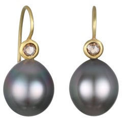 Faye Kim 18 Karat Gold Black Tahitian Pearl and Champagne Diamond Drop Earrings
