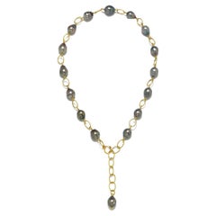 Faye Kim 18 Karat Gold Black Tahitian Pearl Link Necklace
