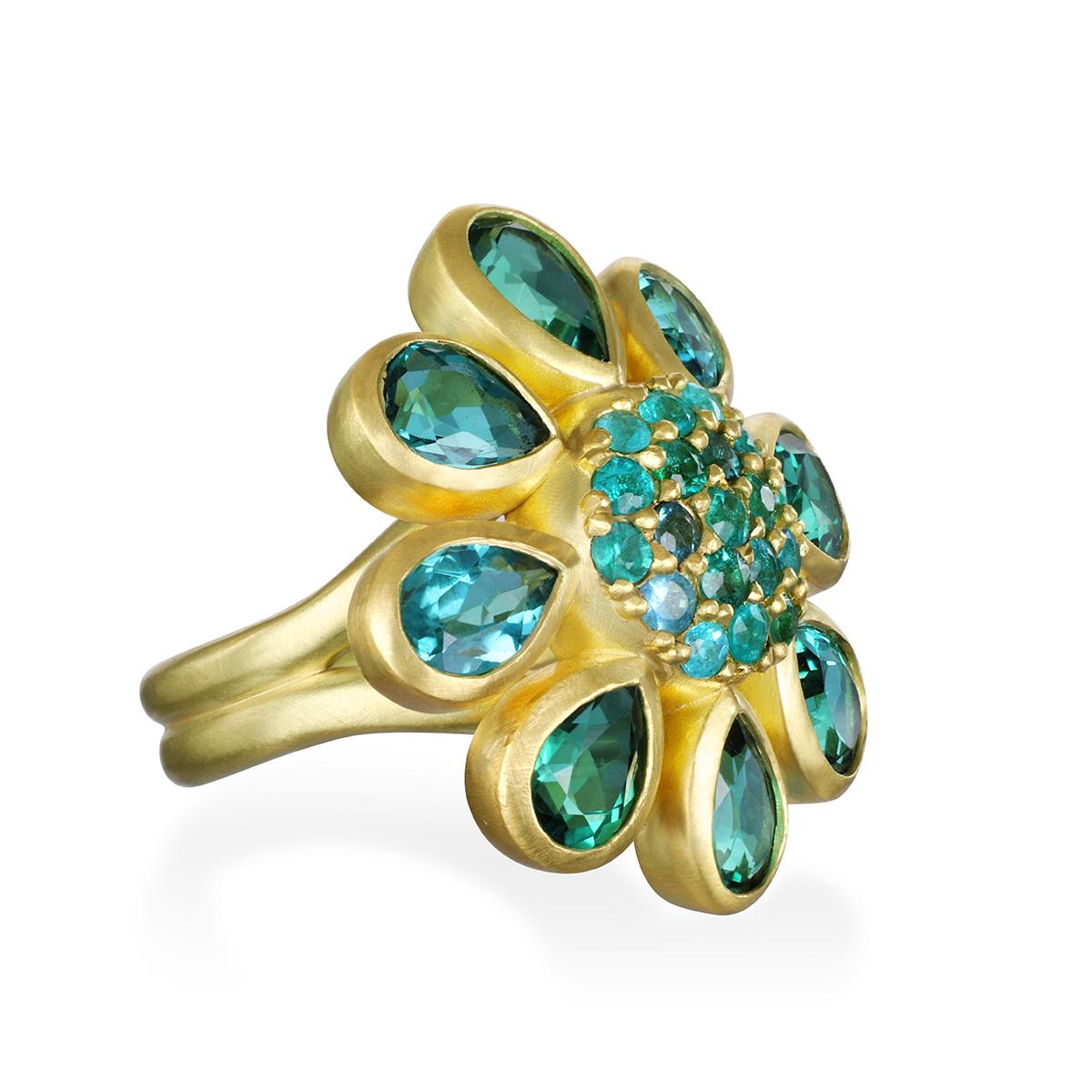 Faye Kim's 18k gold flower ring with its spectacular petals of blue-green tourmaline and Paraiba tourmaline 