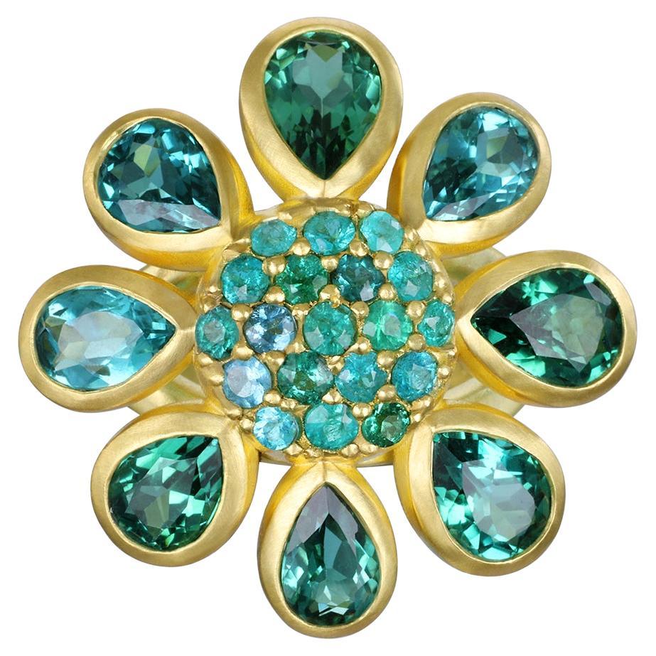  18 Karat Gold Blue-Green and Paraiba Tourmaline Flower Ring For Sale