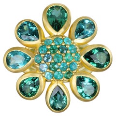  18 Karat Gold Blue-Green and Paraiba Tourmaline Flower Ring