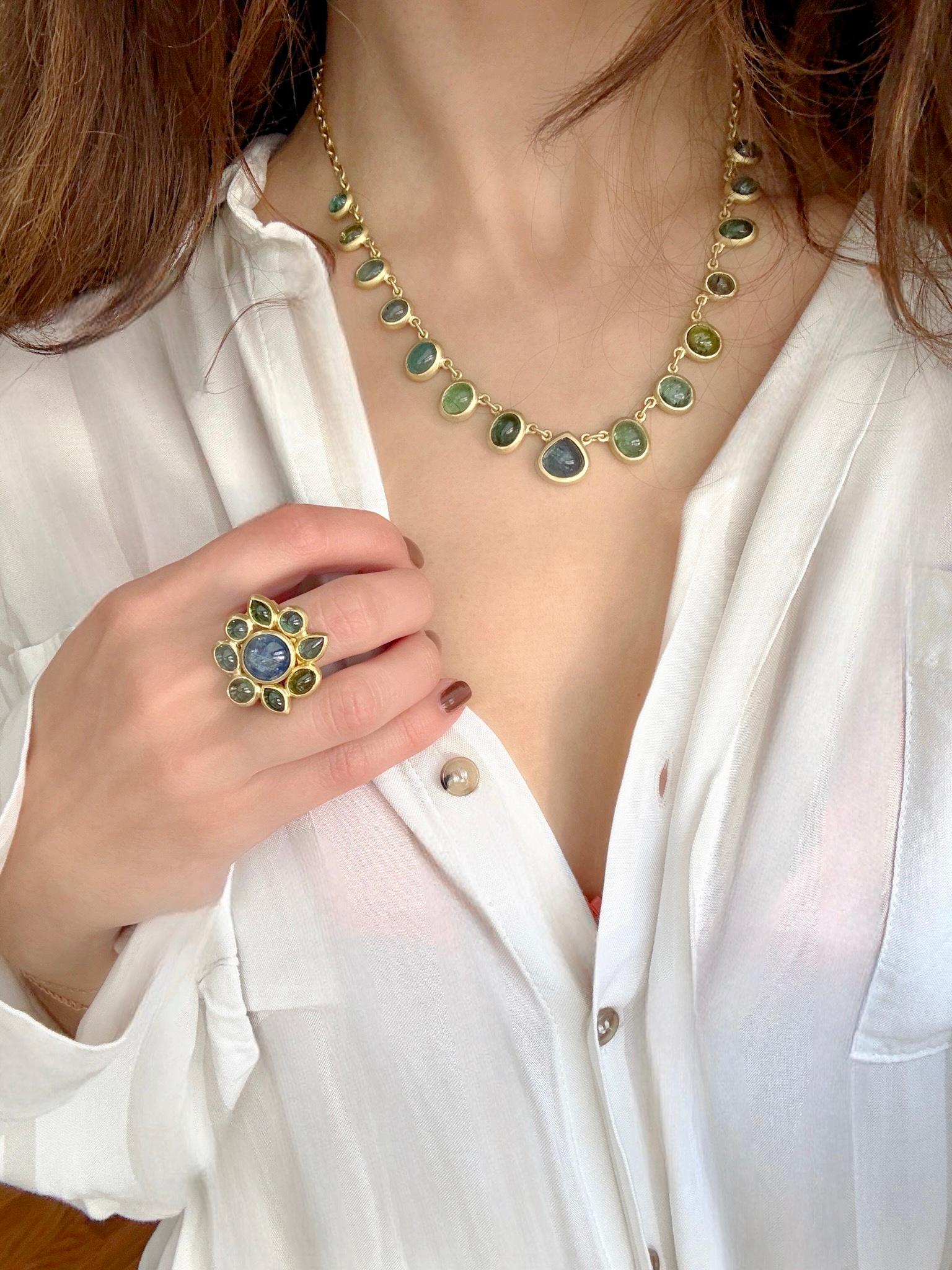 Faye Kim 18 Karat Gold Blue-Green Tourmaline Cabochon Necklace In New Condition For Sale In Darien, CT