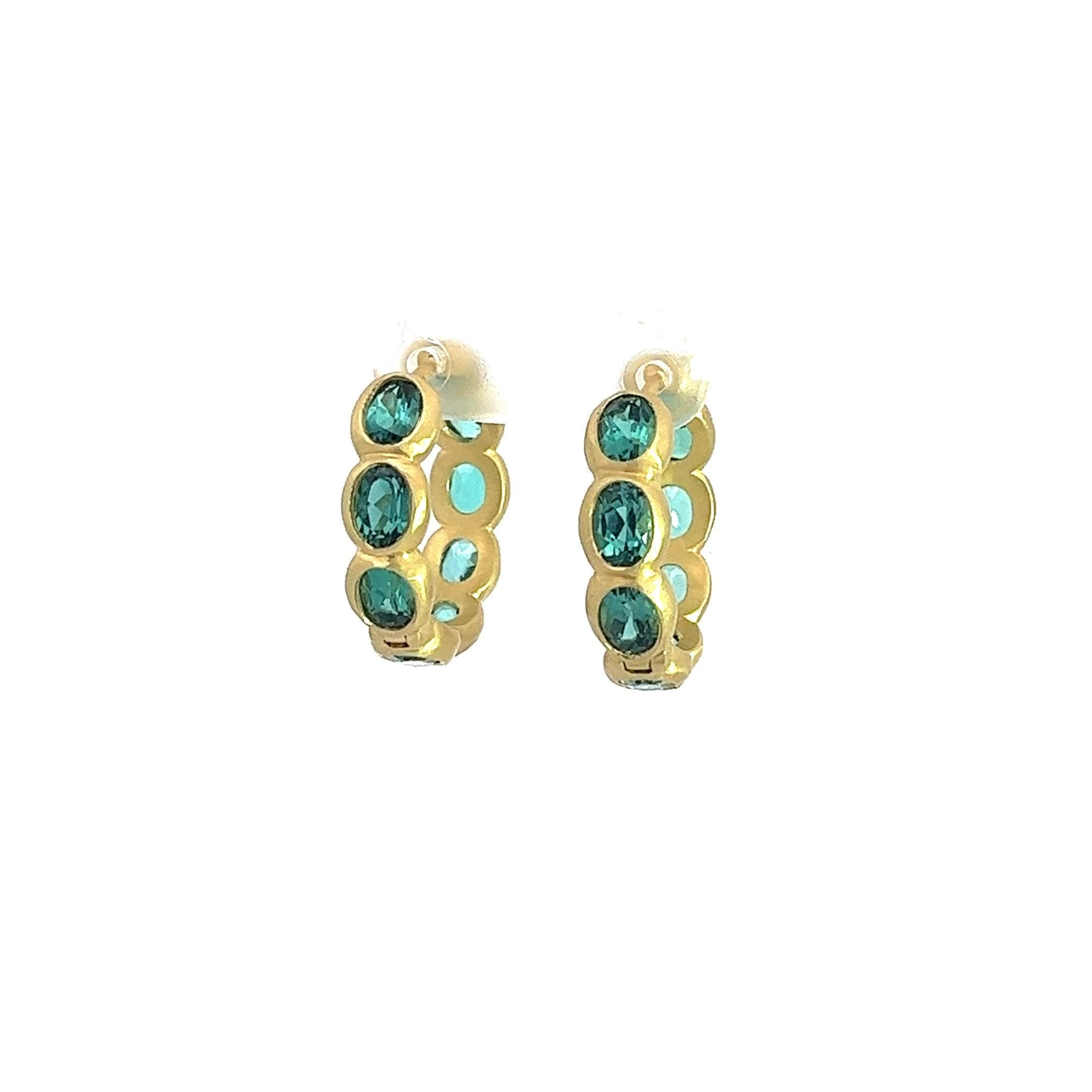Contemporary Faye Kim 18 Karat Gold Blue-Green Tourmaline Eternity Hoop Earrings For Sale