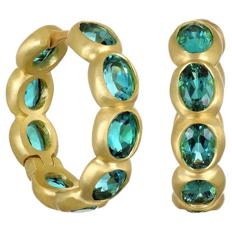 Faye Kim 18 Karat Gold Blue-Green Tourmaline Eternity Hoop Earrings For Sale