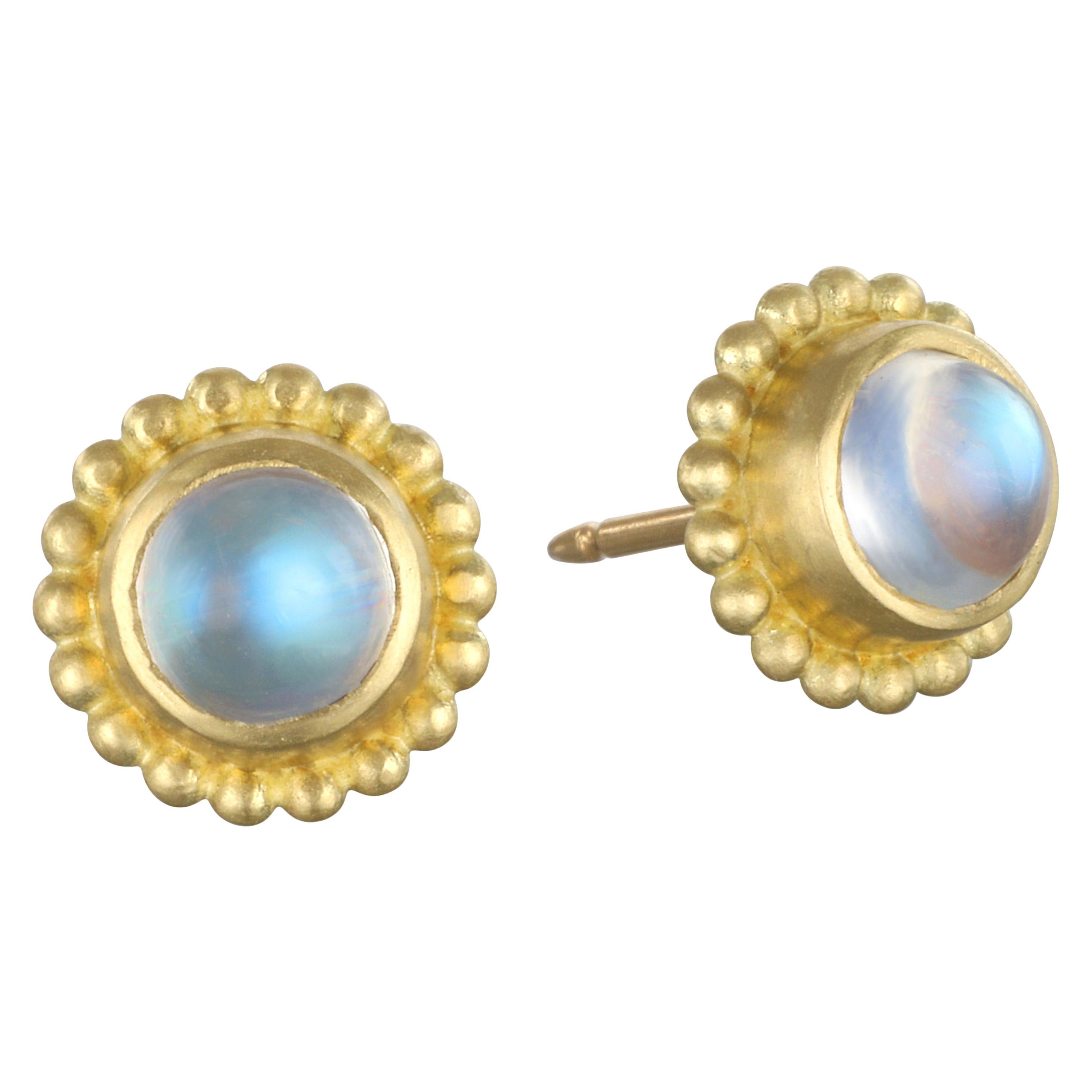 Faye Kim 18 Karat Gold Blue Moonstone Stud Earrings with Granulation Border