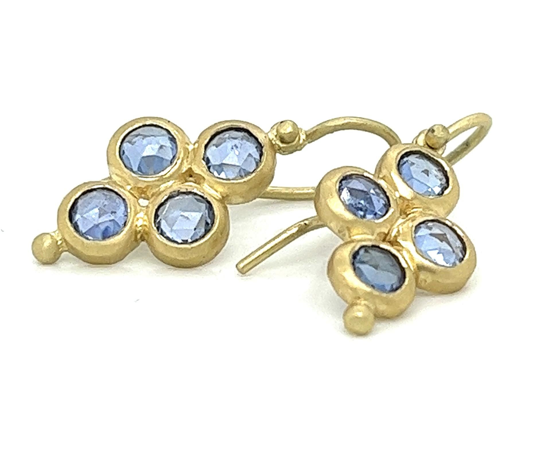 Faye Kim's Blue Sapphire Rose Cut Hinged Quad Drop Earrings are handcrafted in 18 karat gold. The quad design with hinged ear wires and a gold bead at the base is bright and lively with movement. The perfect diamond drop earrings, lightweight and