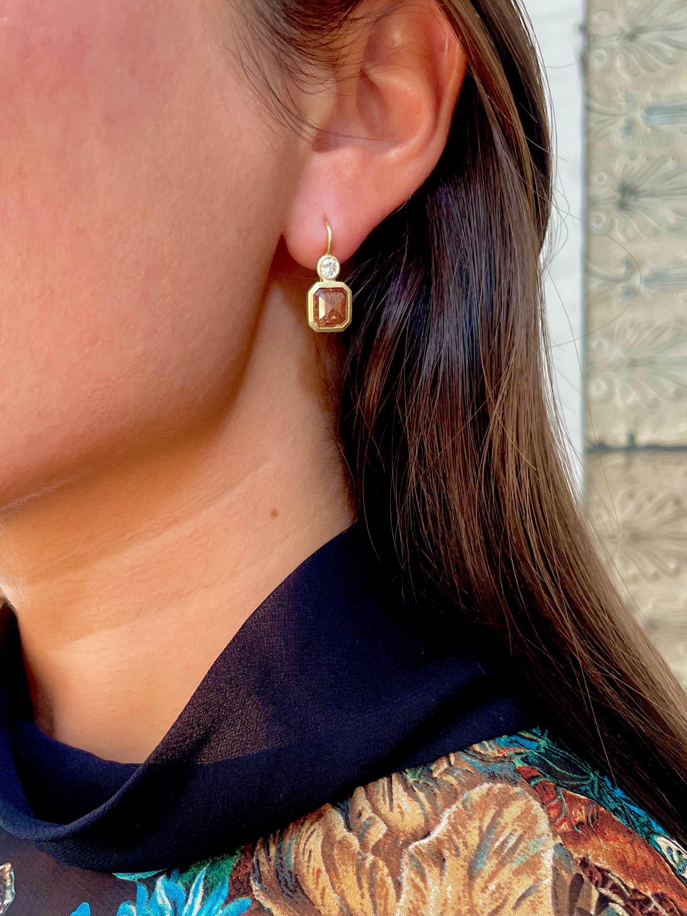 Faye Kim's one-of-a-kind 18 Karat Gold Blush-Colored Milky and White Diamond Earrings comprise bezel-set stones that contrast beautifully with both each other and their gold matte finish. Hinged ear wires allow for movement and show off the
