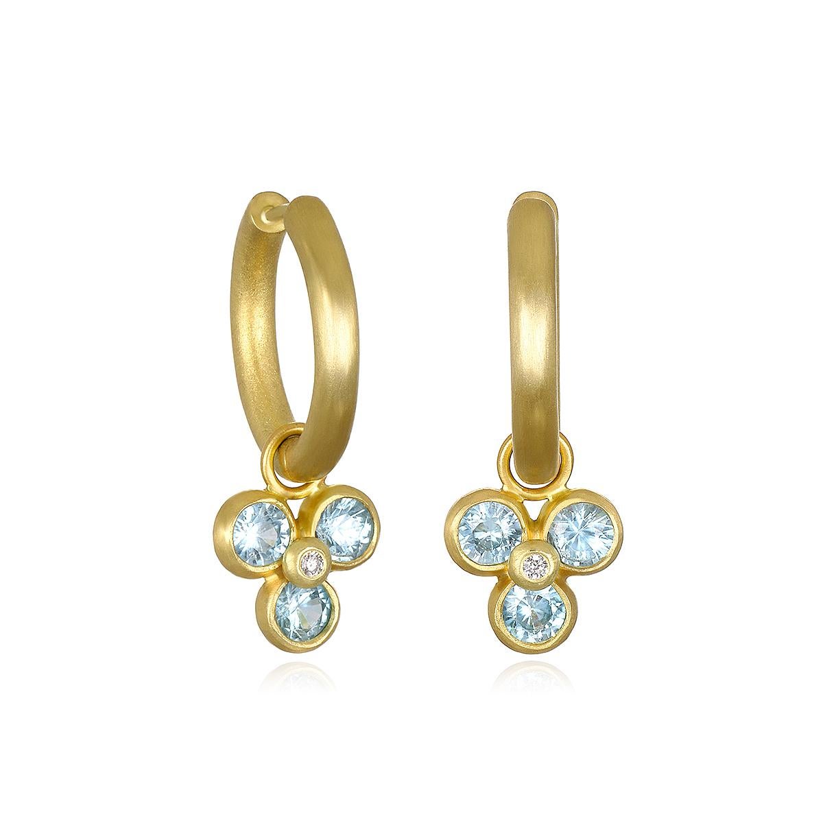 Faye Kim's 18 Karat Gold Hinged Burnished Diamond Hoops with Detachable Triple Blue Zircon Drops - 
The hoops can be worn separately from the drops or with the diamonds in the front or reversed to show the gold side. The drops can be attached to