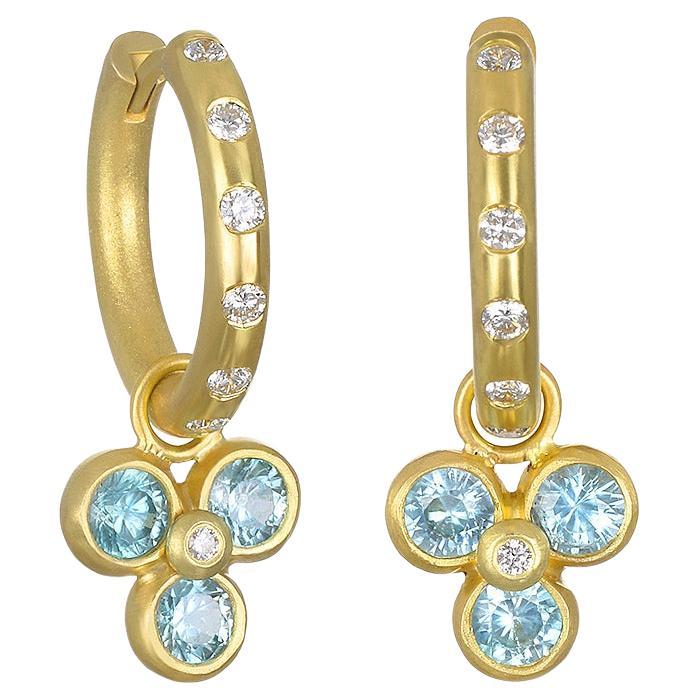 Faye Kim 18 Karat Gold Burnished Diamond Hoops with Triple Blue Zircon Drops For Sale