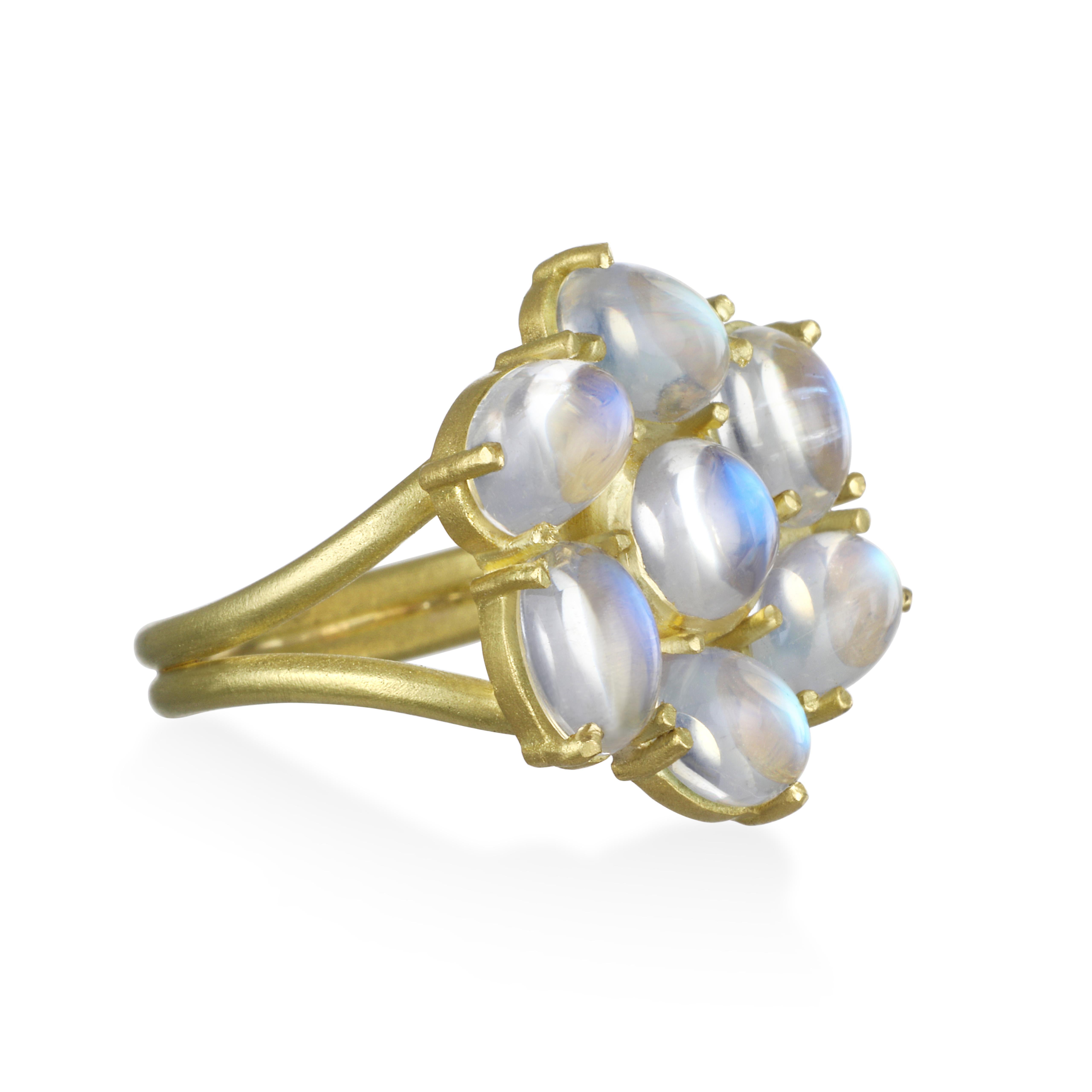 Beauty and comfort come together in Faye Kim's 18 Karat Gold Ceylon Blue Moonstone Ring. Known for its adularescence, the blue flash from Ceylon moonstones adds to the overall mystique surrounding moonstones. Matte finish.

Diameter: .75