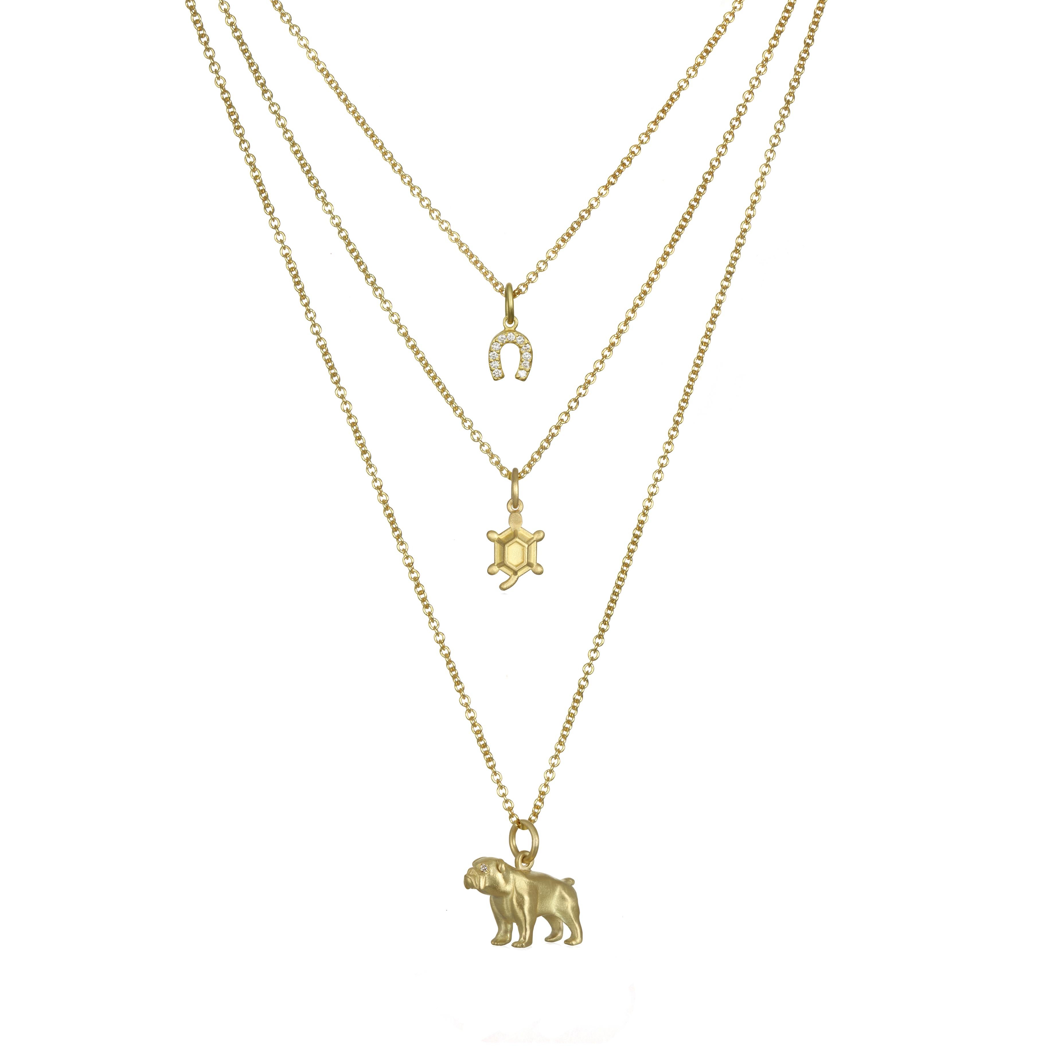 For the Bulldog Lover - guidance, protection, loyalty, fidelity, watchfulness, and love. 
Cable chain is 16-18
