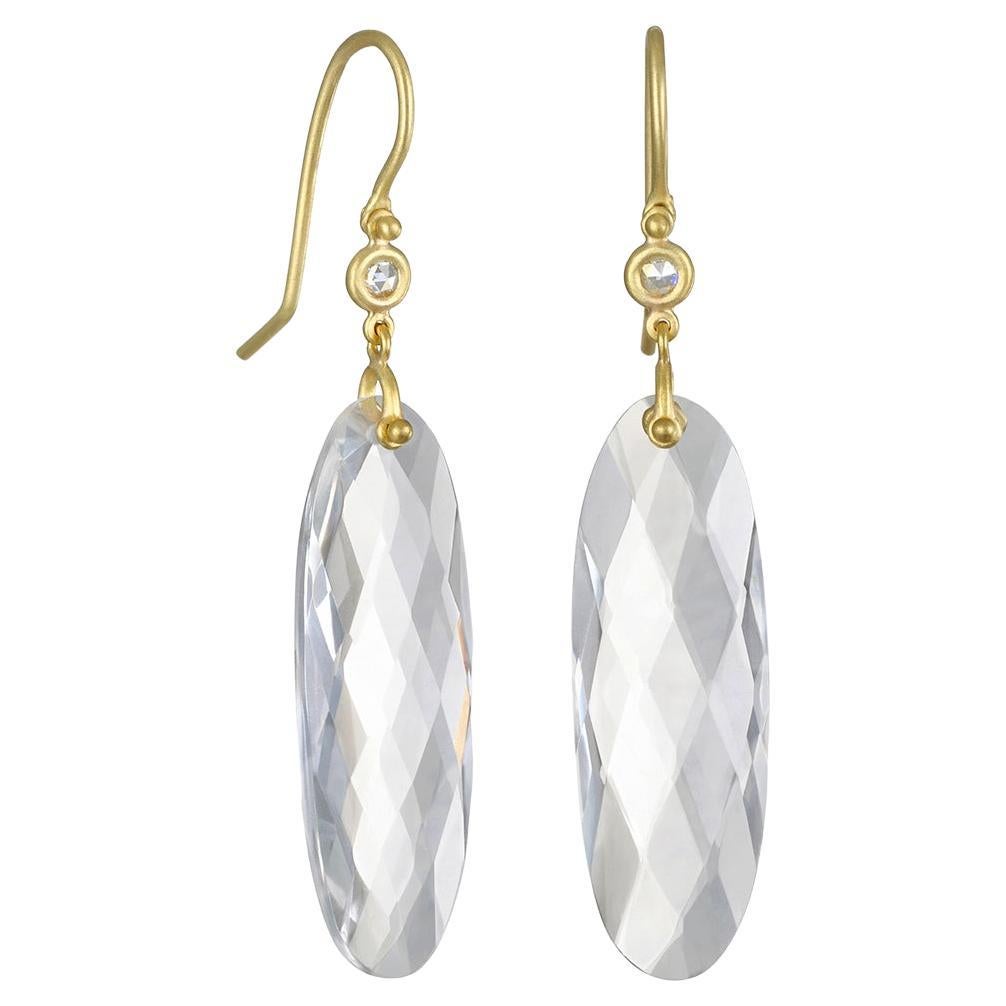 Faye Kim 18 Karat Gold Crystal Quartz and Diamond Leaf Earrings For Sale