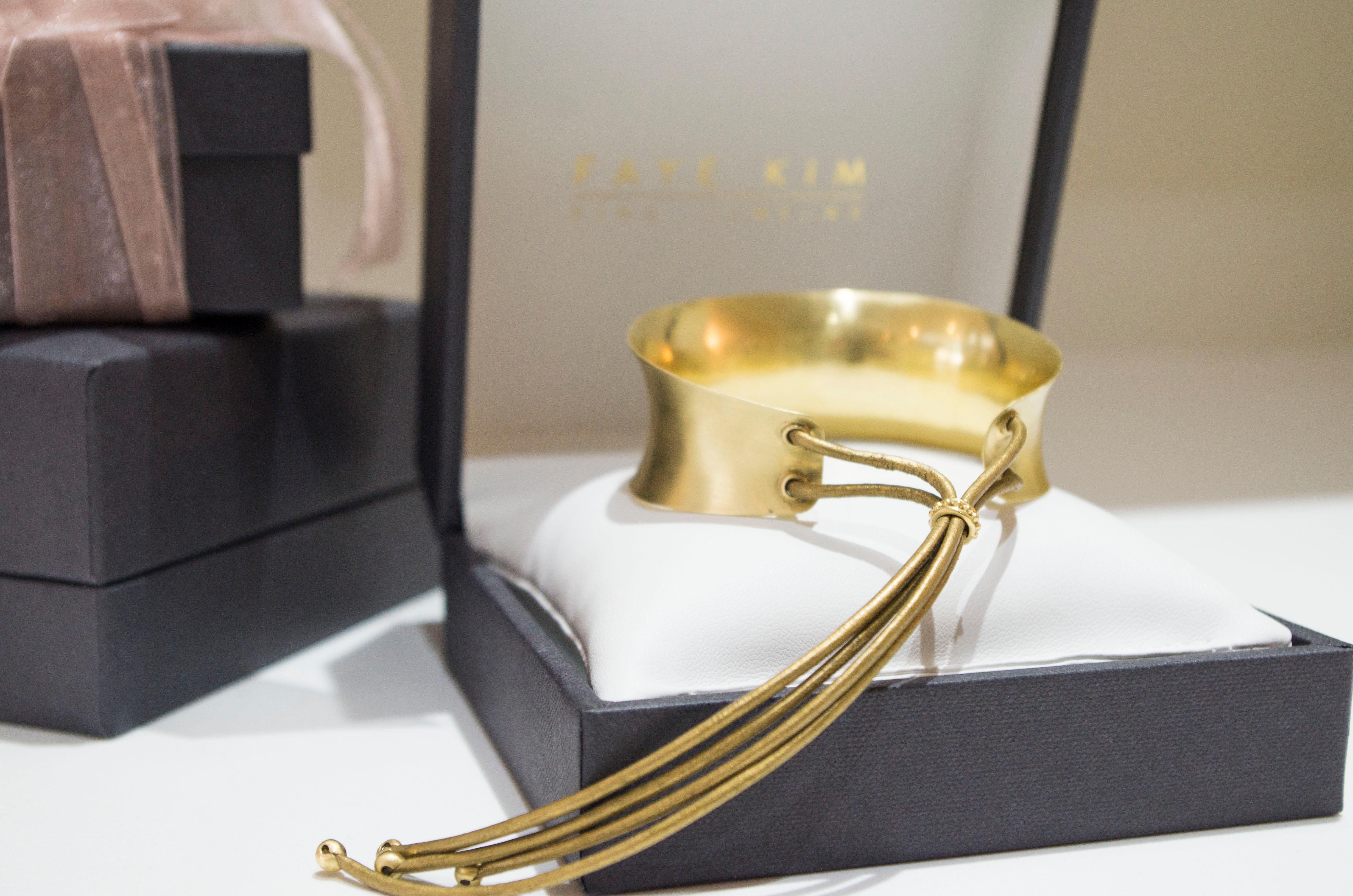 Faye Kim 18 Karat Gold Cuff Bracelet with Leather 3