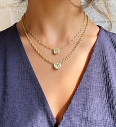 Faye Kim 18 Karat Gold Cushion Diamond Bezel Necklace
