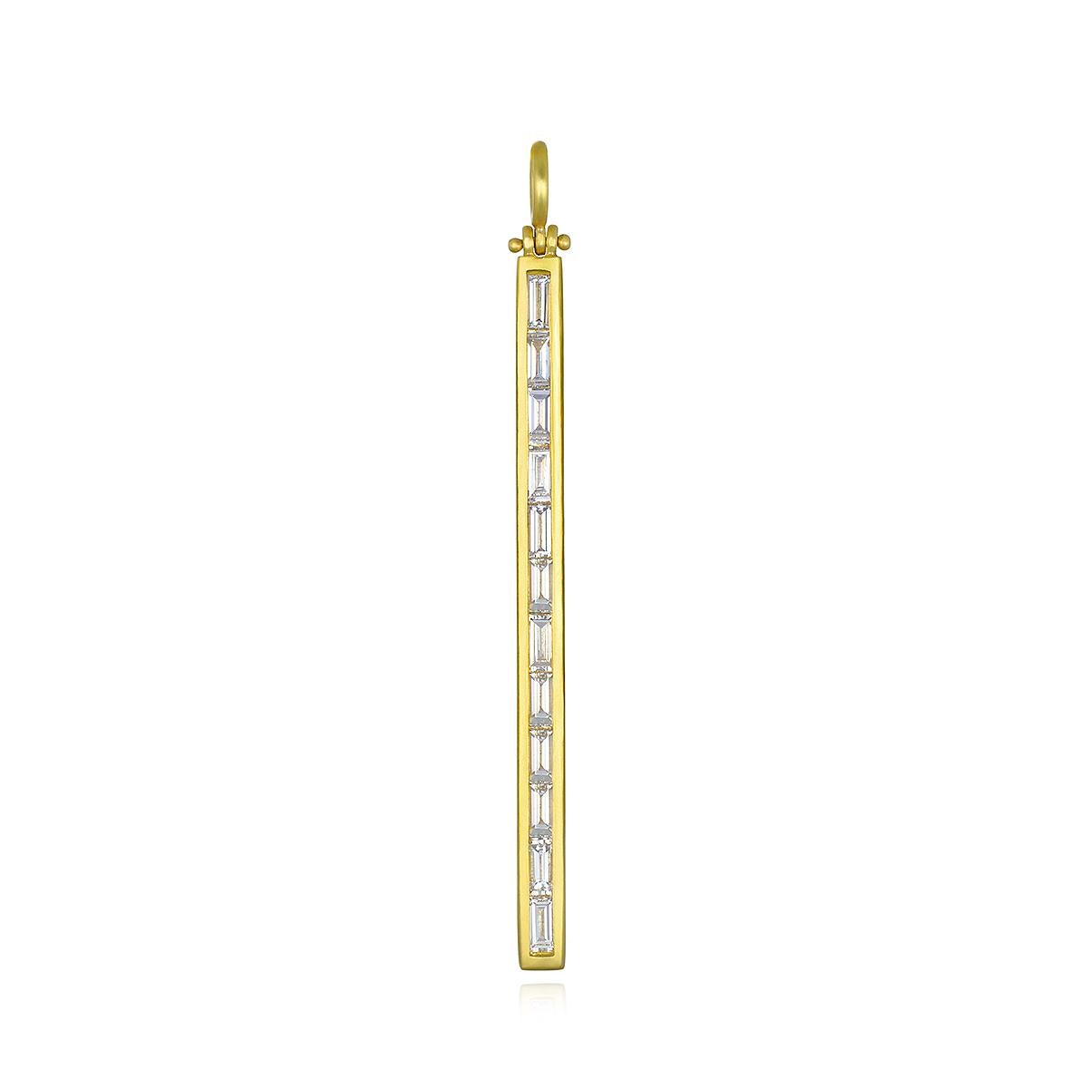 Sleek and elegant, Faye's Diamond Baguette Hinged Bar Pendant is handcrafted in 18 karat gold with white diamonds. Classic yet made modern with its bar shape and matte finish, this necklace is great on its own or layered and effortlessly goes from