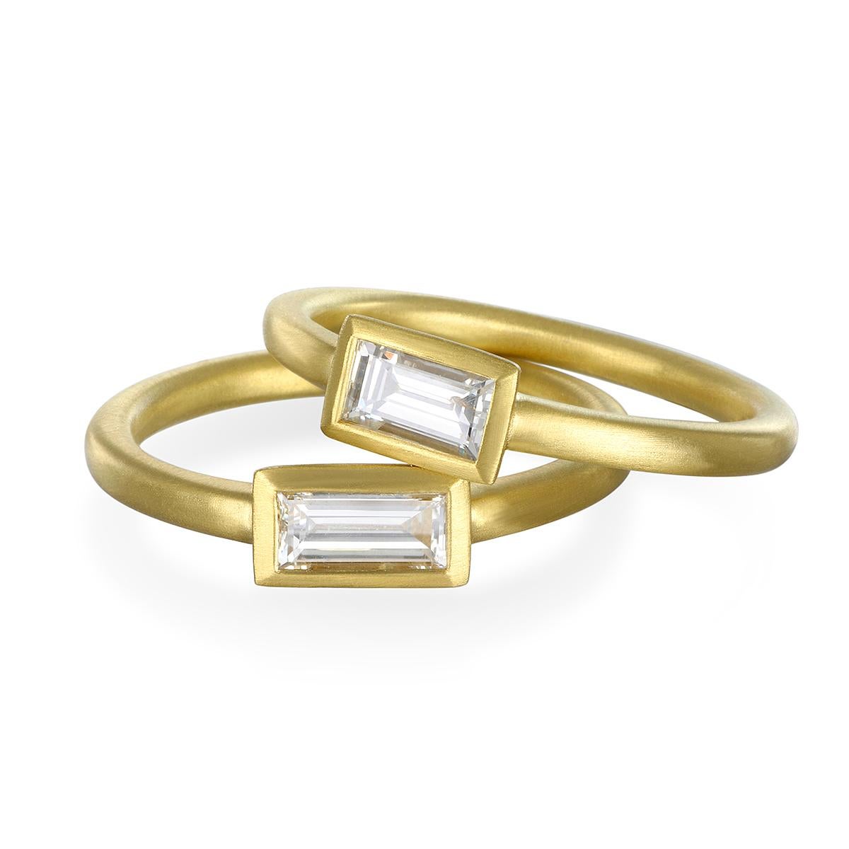 The newest additions to Faye Kim's signature 18K gold* stack rings, diamond baguettes are bezel set for a clean, contemporary style that can be worn alone or stacked to create your own unique style. Matte-finished.

*In Faye Kim's signature 18k