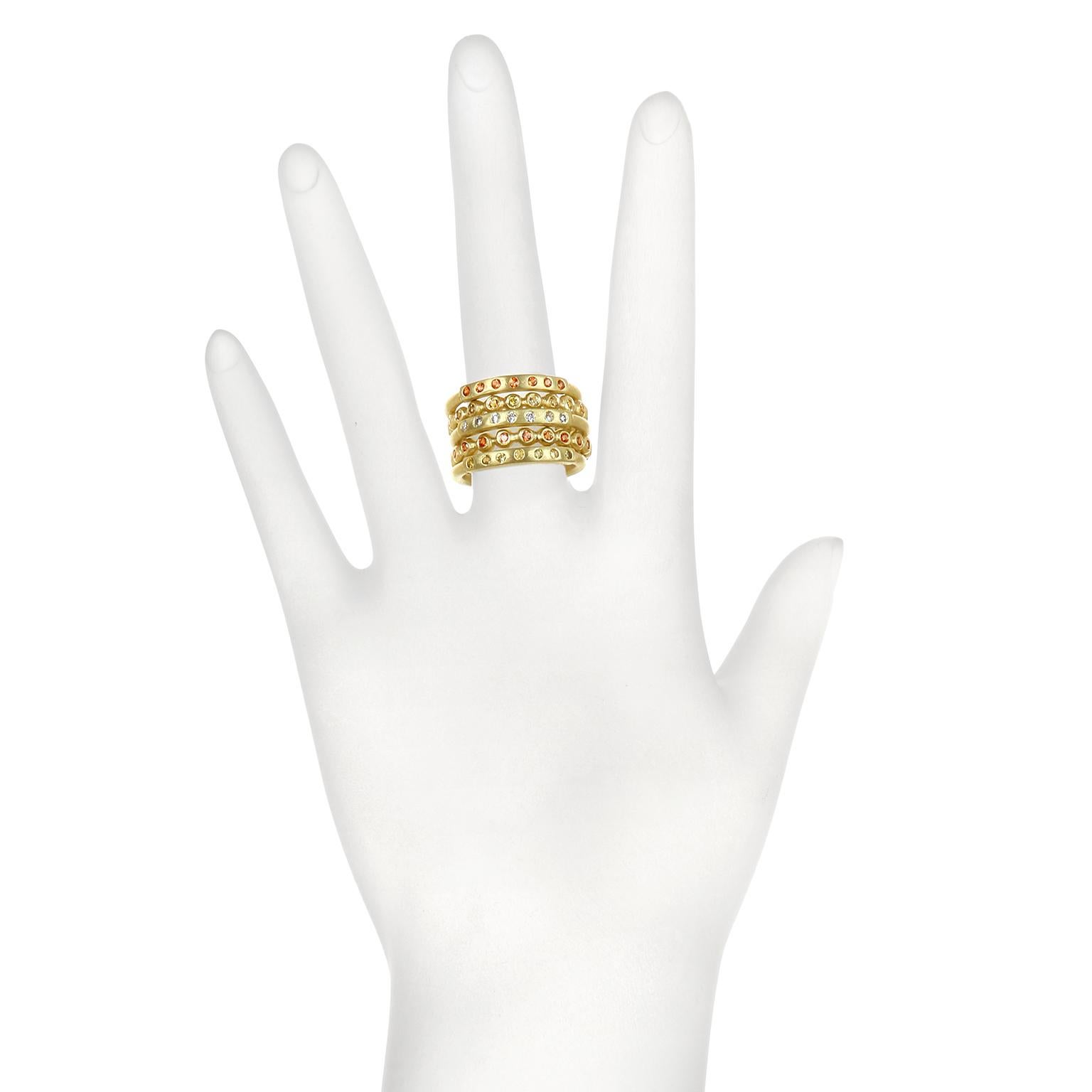 This 18k Gold Diamond Bar Stack Ring has a clean and modern feel.  The diamonds are burnished into the bar creating beautiful sparkle against the matte finish.  

Size 6.75
Qty 7 Diamonds = .11 cts.
Rings sold separately.

Signature Collection:  non