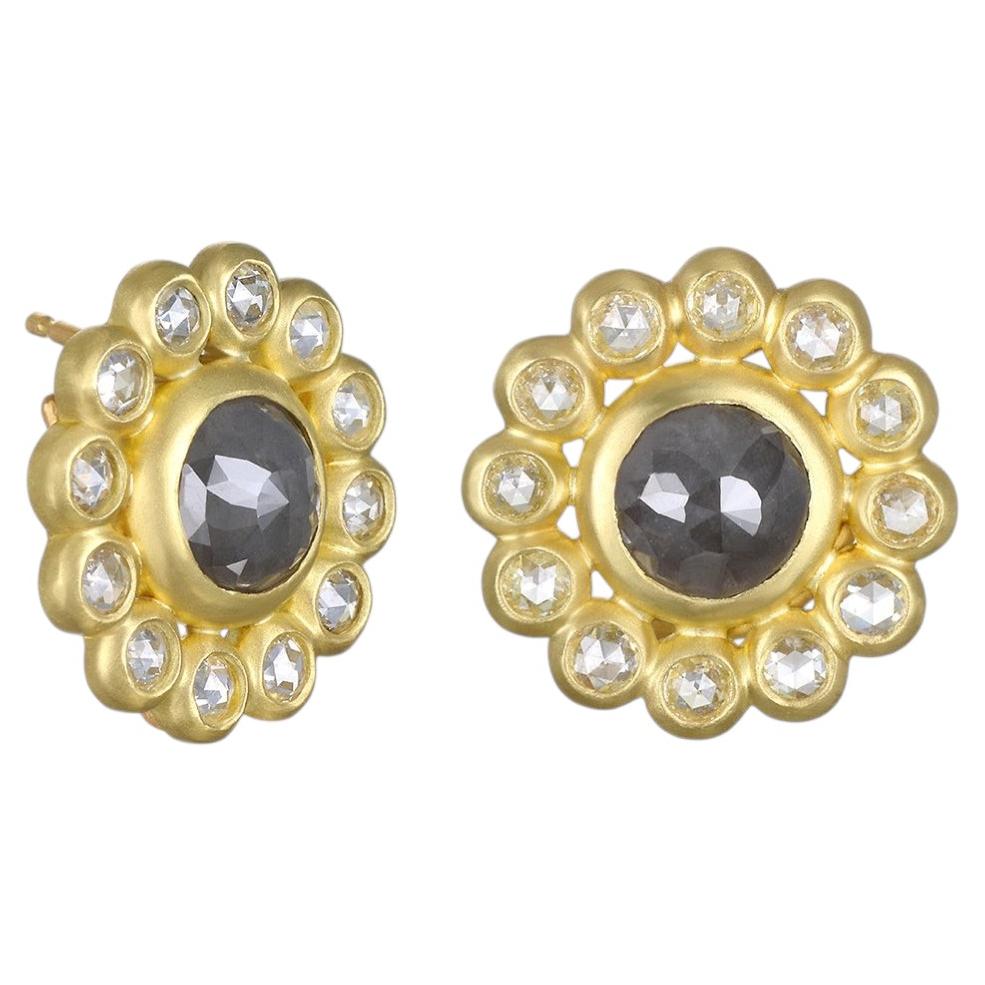 Faye Kim 18 Karat Gold Diamond Daisy Earrings with Shepherds Hooks
