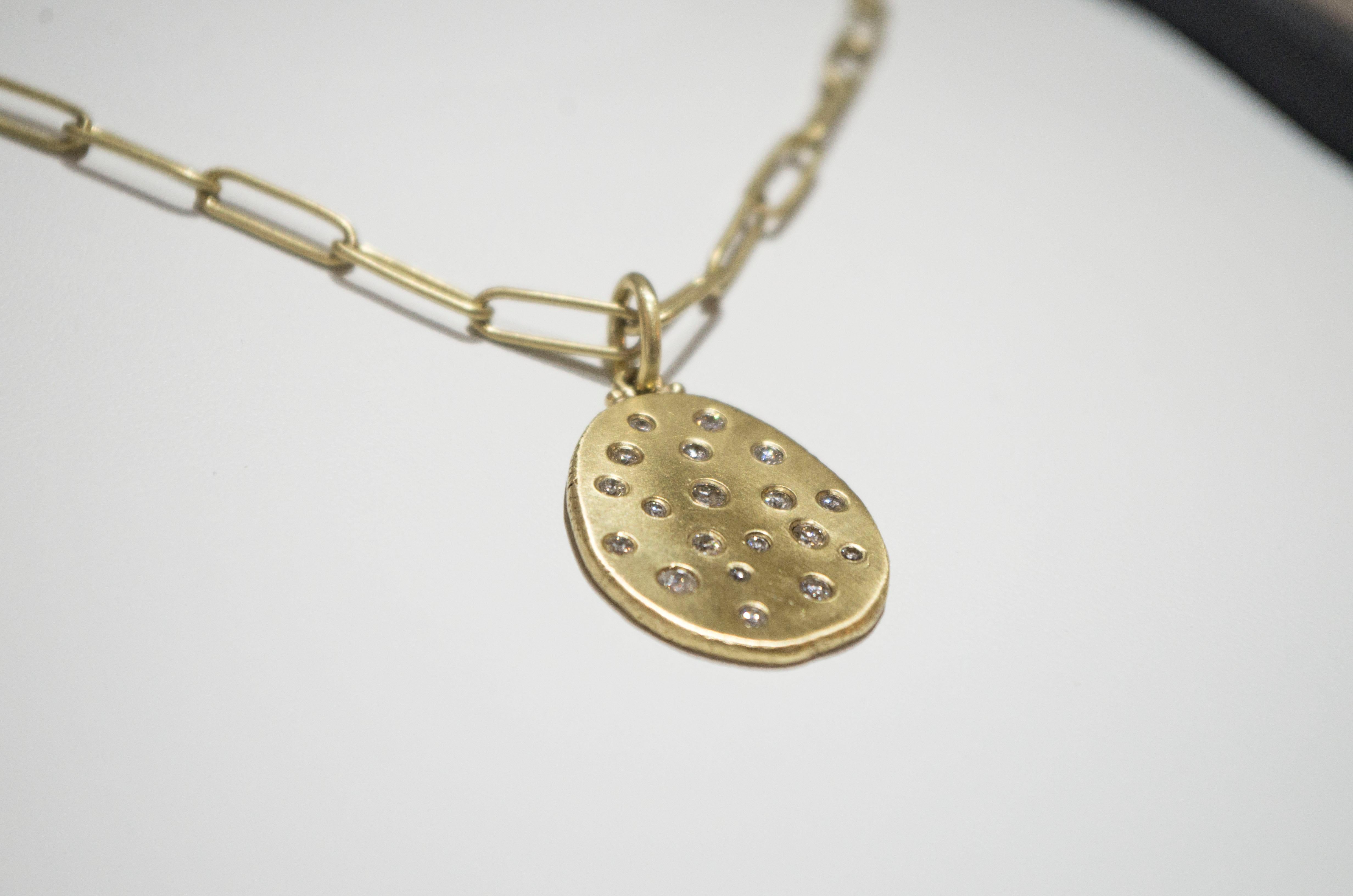 Faye Kim 18 Karat Gold Diamond Dog Tag Pendant on Handmade Paperclip Chain In New Condition In Westport, CT