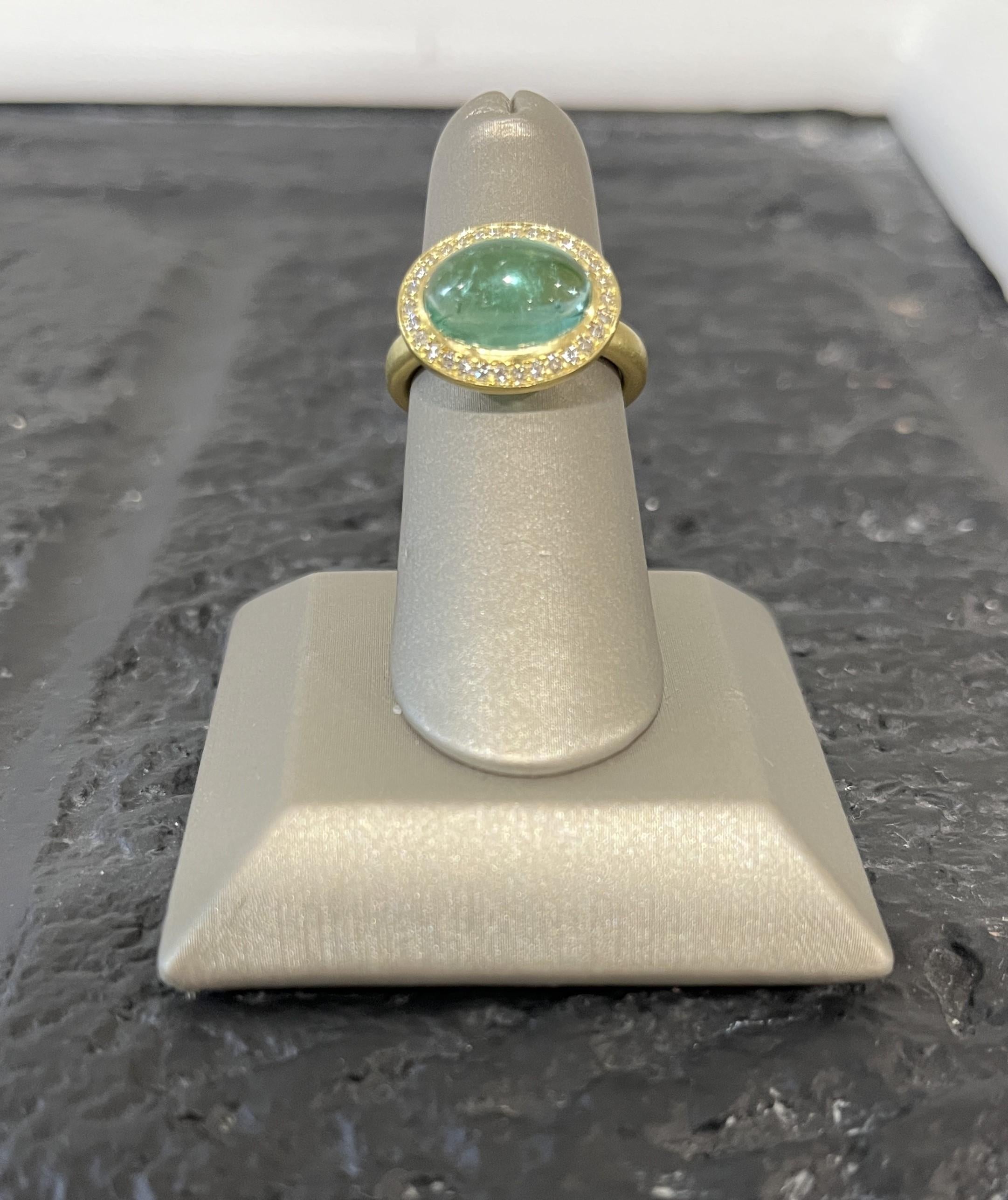 Contemporary Faye Kim 18 Karat Gold Diamond Halo Blue-Green Tourmaline Ring For Sale