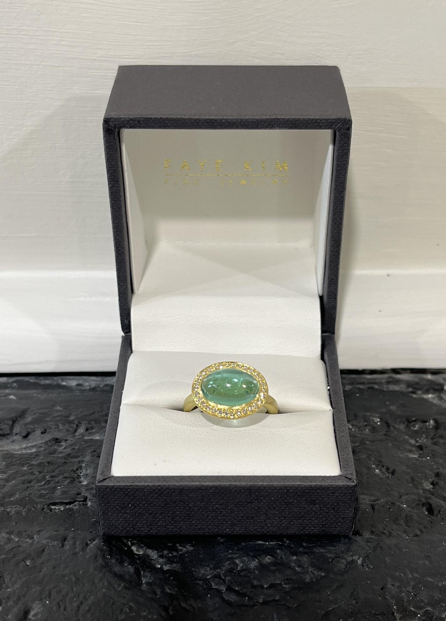 Oval Cut Faye Kim 18 Karat Gold Diamond Halo Blue-Green Tourmaline Ring For Sale